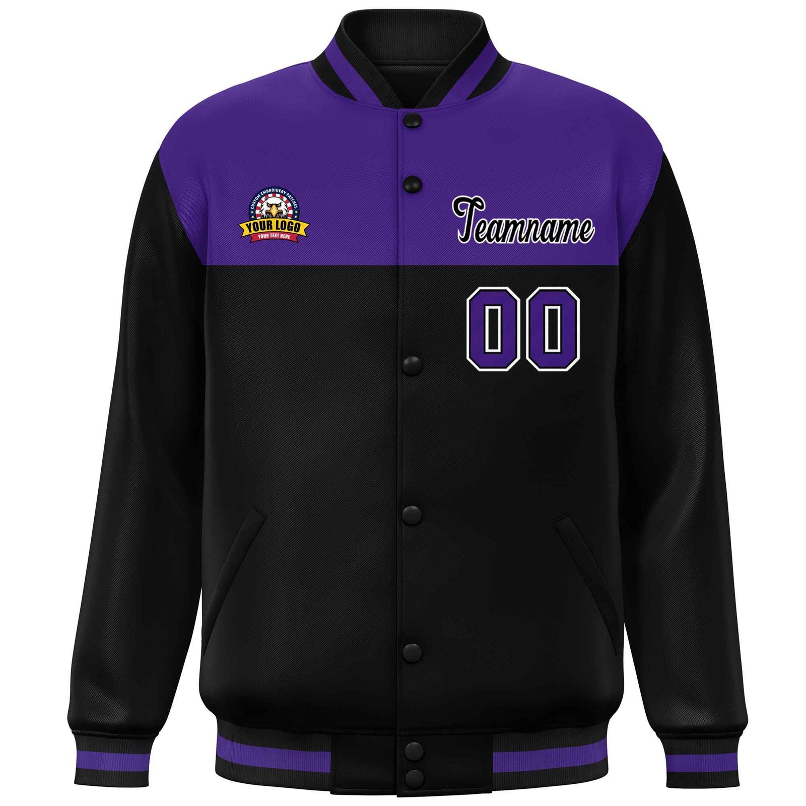 Custom Purple Black-White Varsity Full-Snap Color Block Lettermen Baseball Jacket