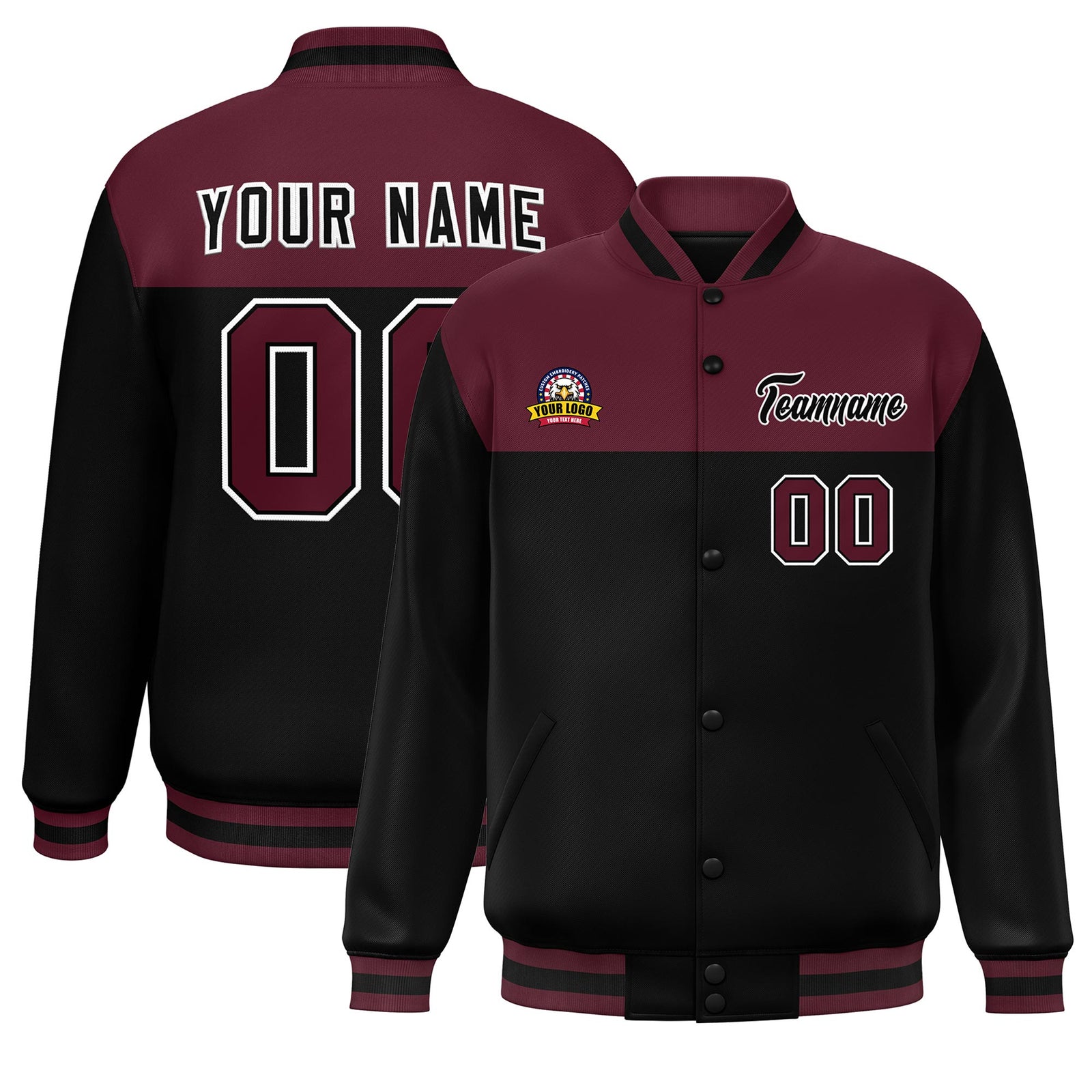 Custom Crimson Black-White Varsity Full-Snap Color Block Lettermen Baseball Jacket
