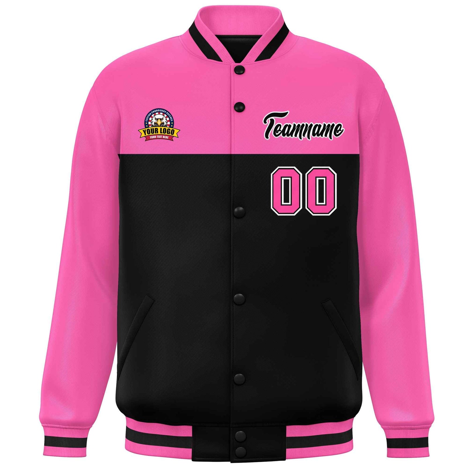Custom Rose Red Black-White Varsity Full-Snap Color Block Lettermen Baseball Jacket