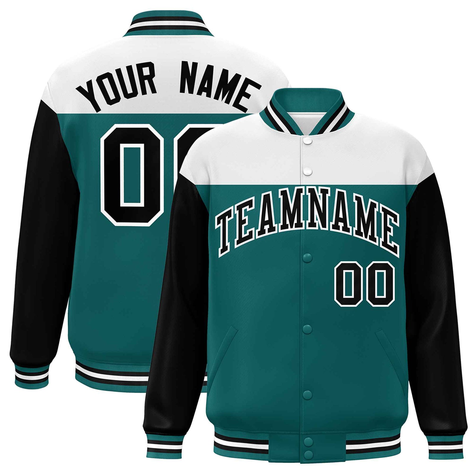 Custom White Aqua-Black Letterman Color Block Varsity Full-Snap Baseball Jacket