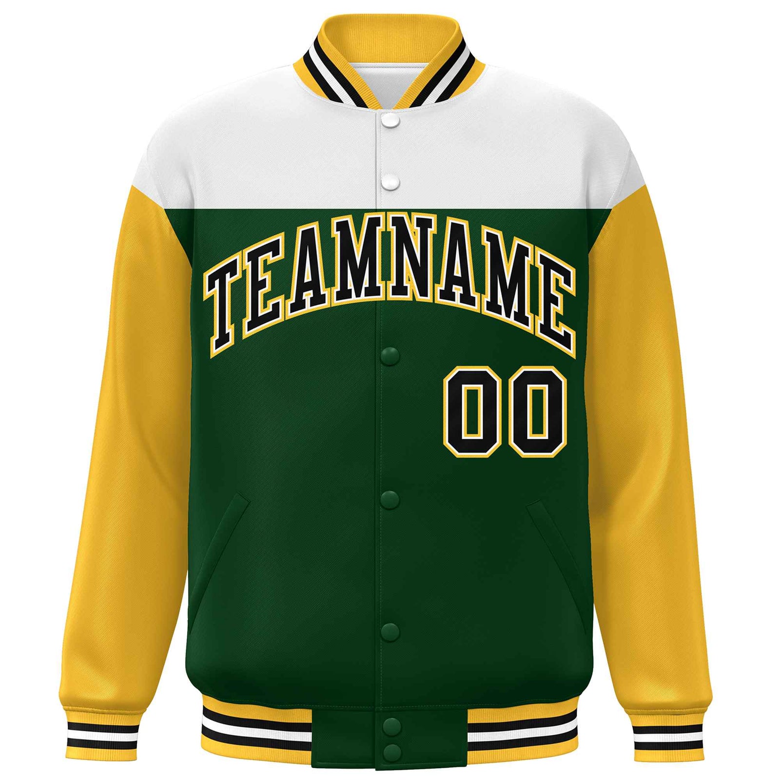 Custom White Green-Gold Letterman Color Block Varsity Full-Snap Baseball Jacket