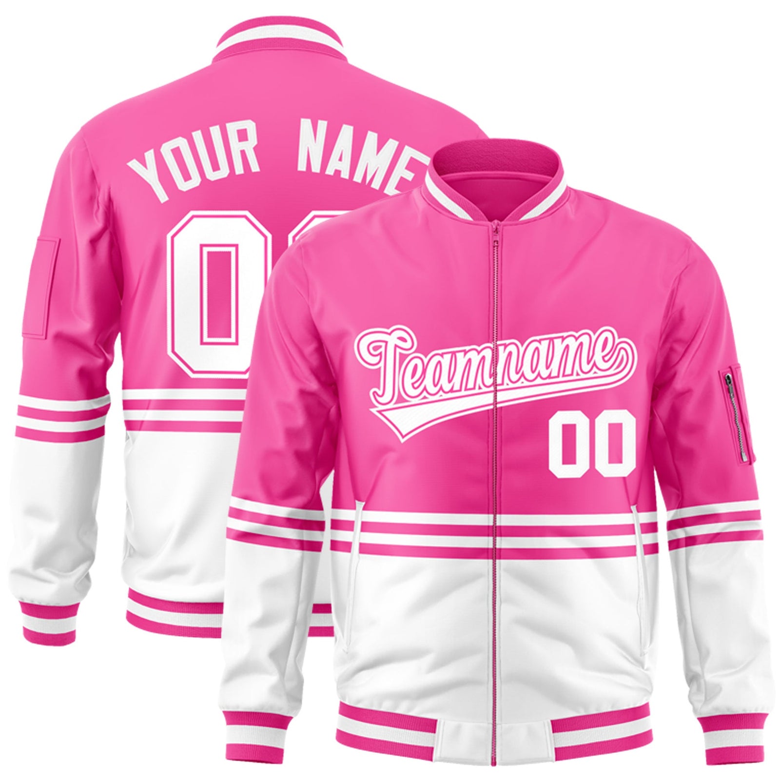 Custom Pink White-Pink Varsity Full-Zip Color Block Letterman Bomber Jacket
