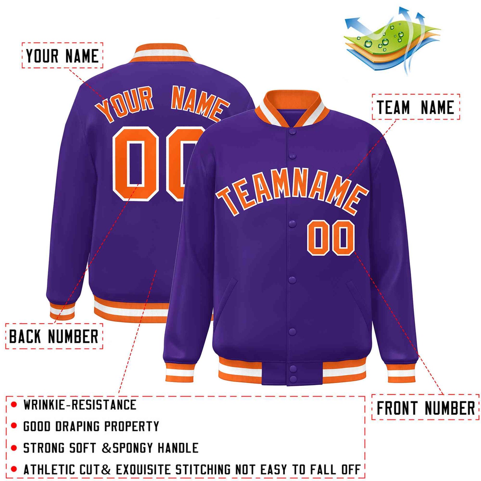 Custom Purple Orange-White Classic Style Varsity Full-Snap Letterman Jacket
