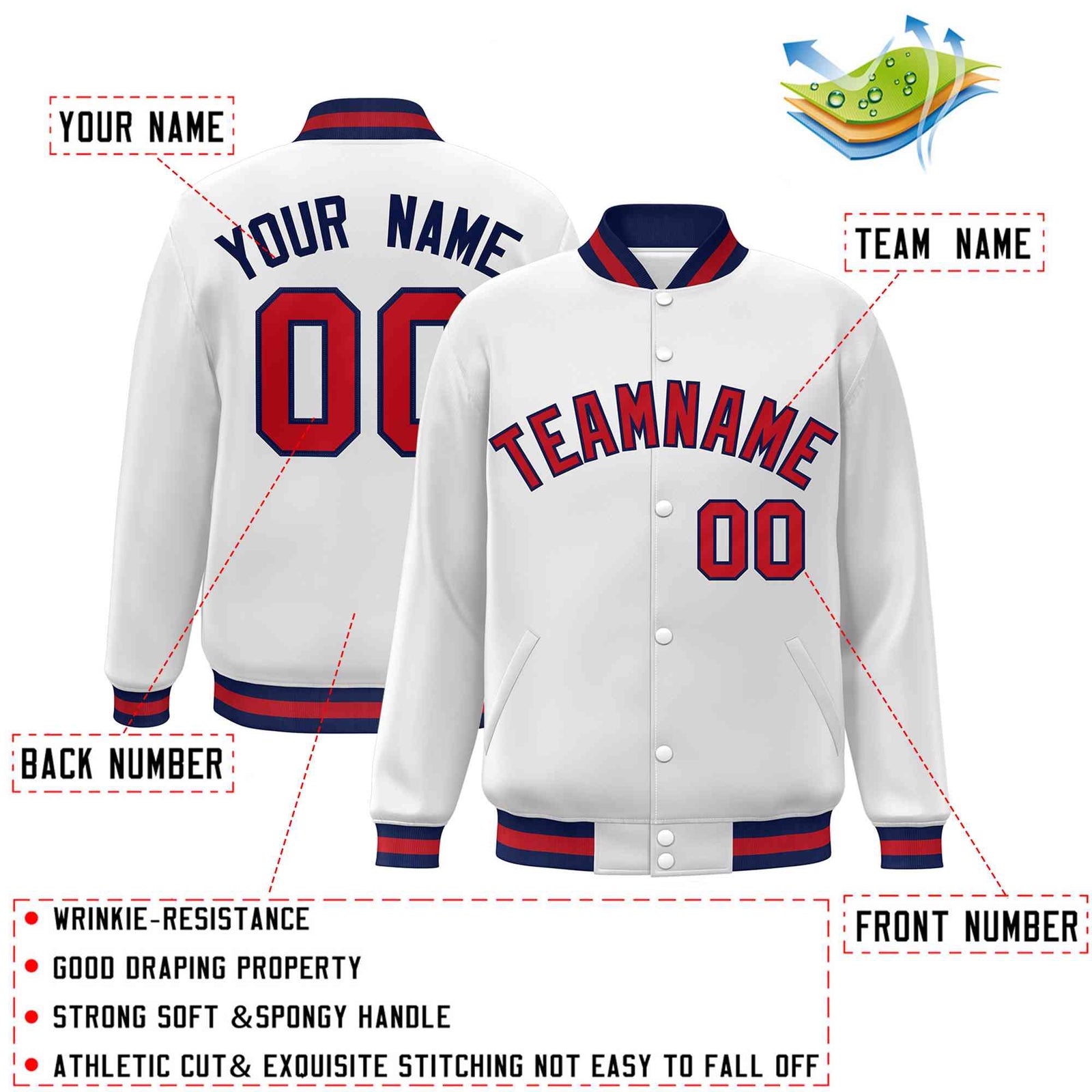 Custom White Red-Navy Classic Style Varsity Full-Snap Letterman Jacket
