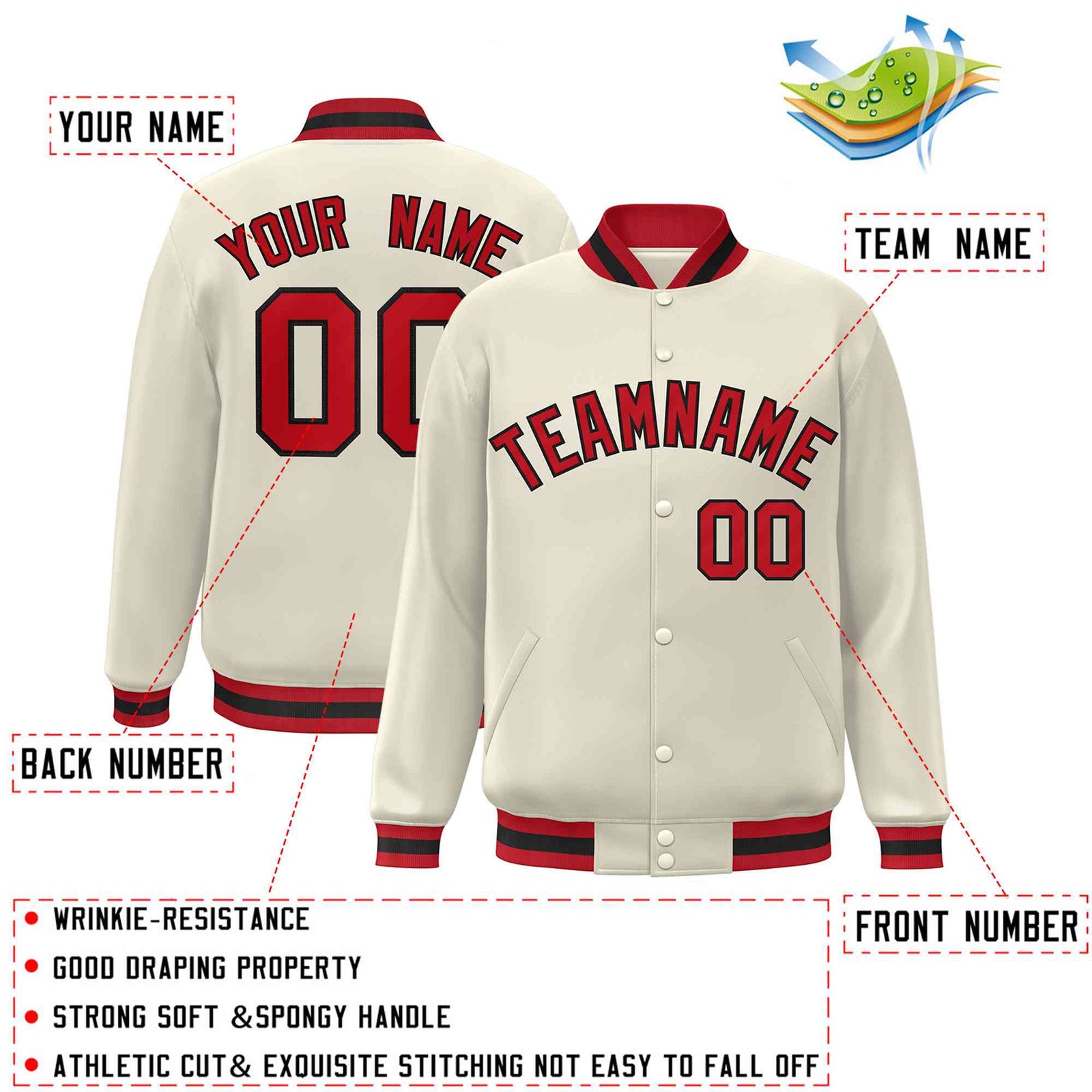 Custom Khaki Red-Black Classic Style Varsity Full-Snap Letterman Jacket
