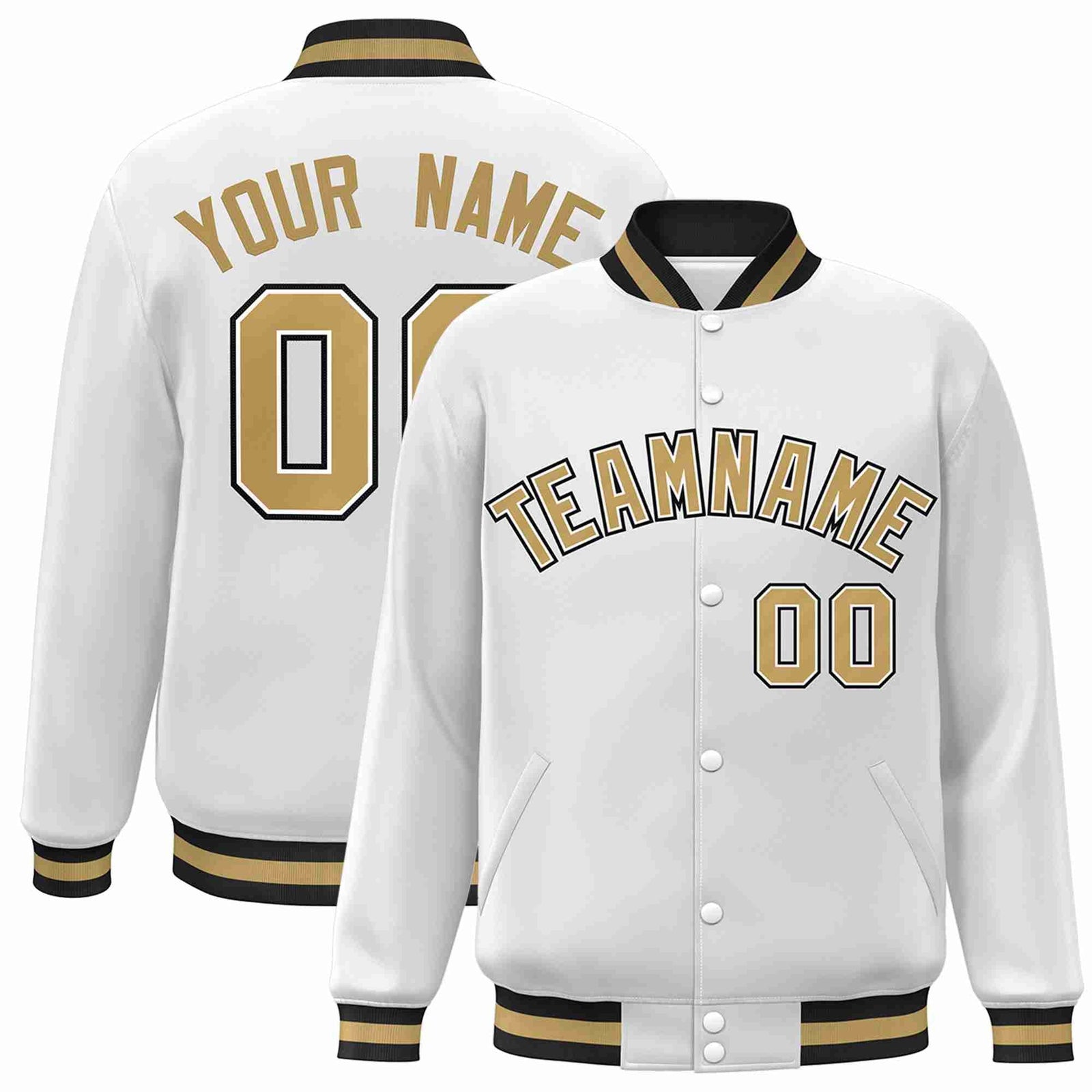 Custom White Old Gold-White Classic Style Varsity Full-Snap Letterman Jacket