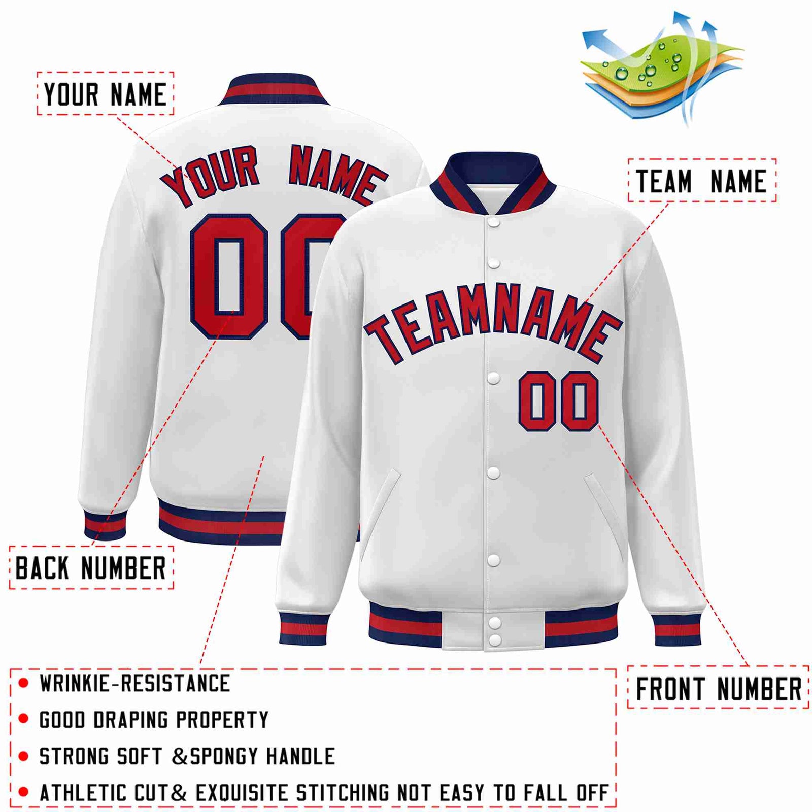 Custom White Red-Navy Classic Style Varsity Full-Snap Letterman Jacket