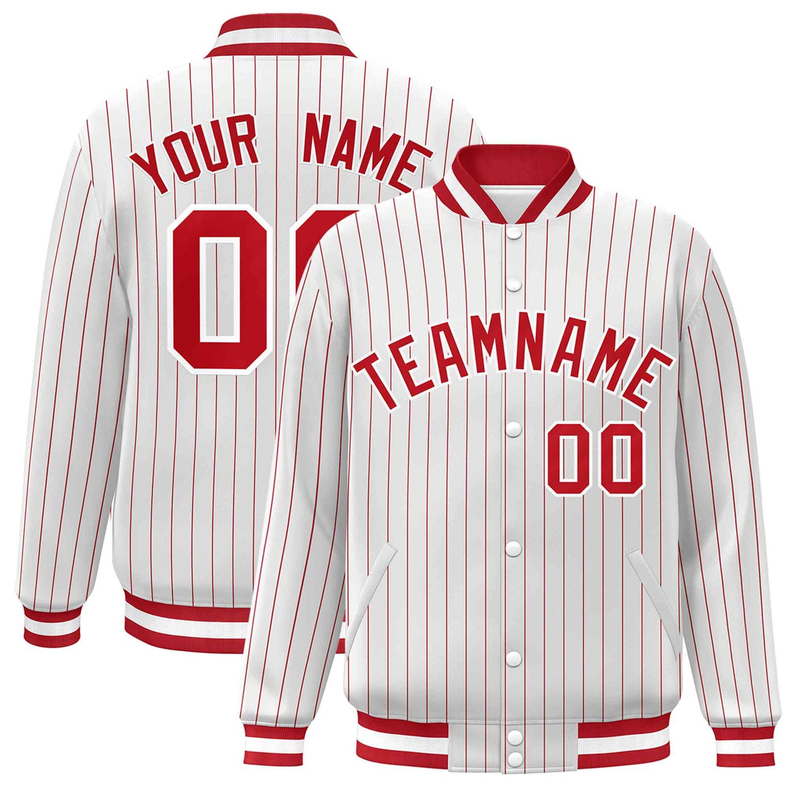 Custom White Red-White Personalized Stripe Fashion Letterman Bomber Varsity Jacket