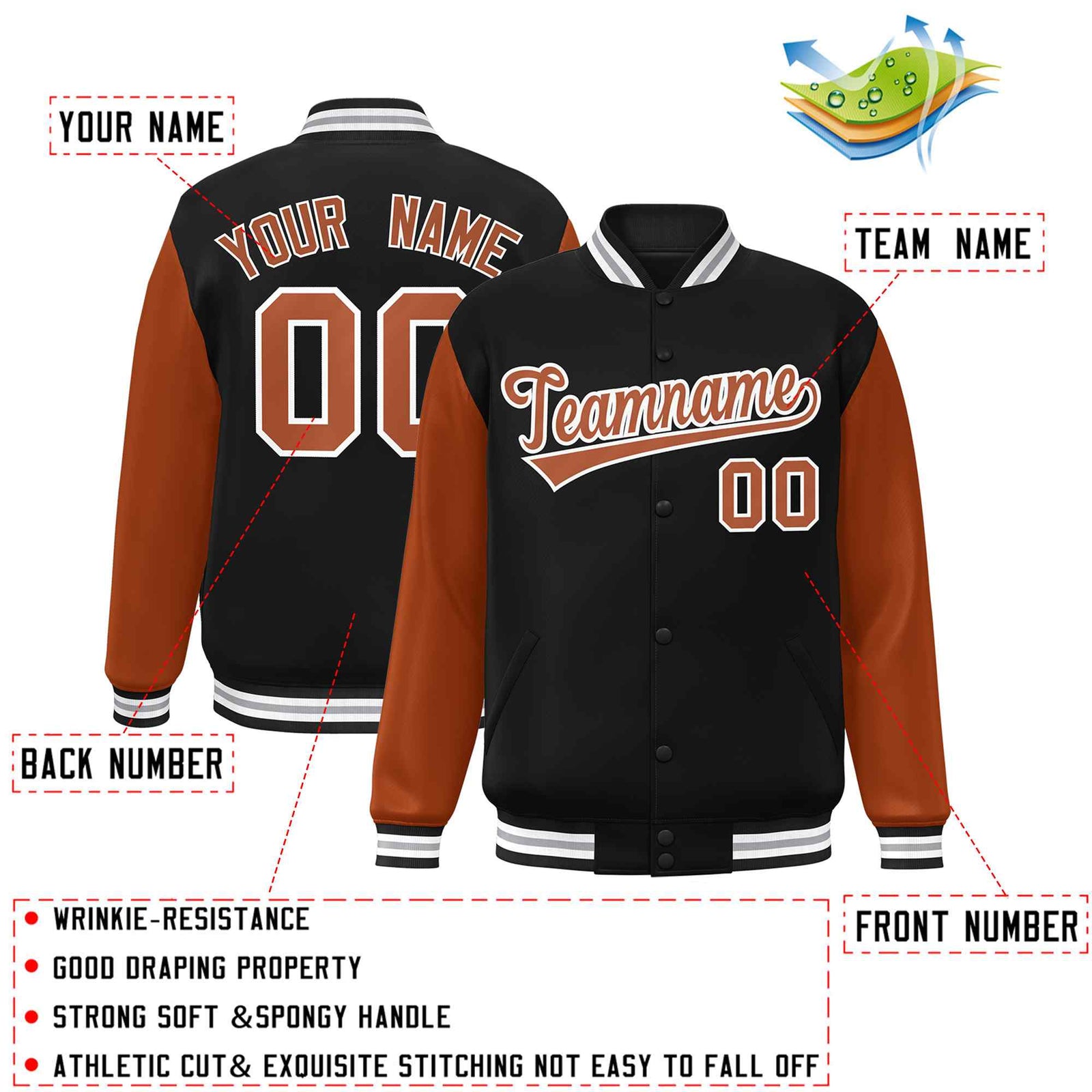 Custom Black Texas Orange-White Raglan Sleeves Varsity Full-Snap Letterman Jacket
