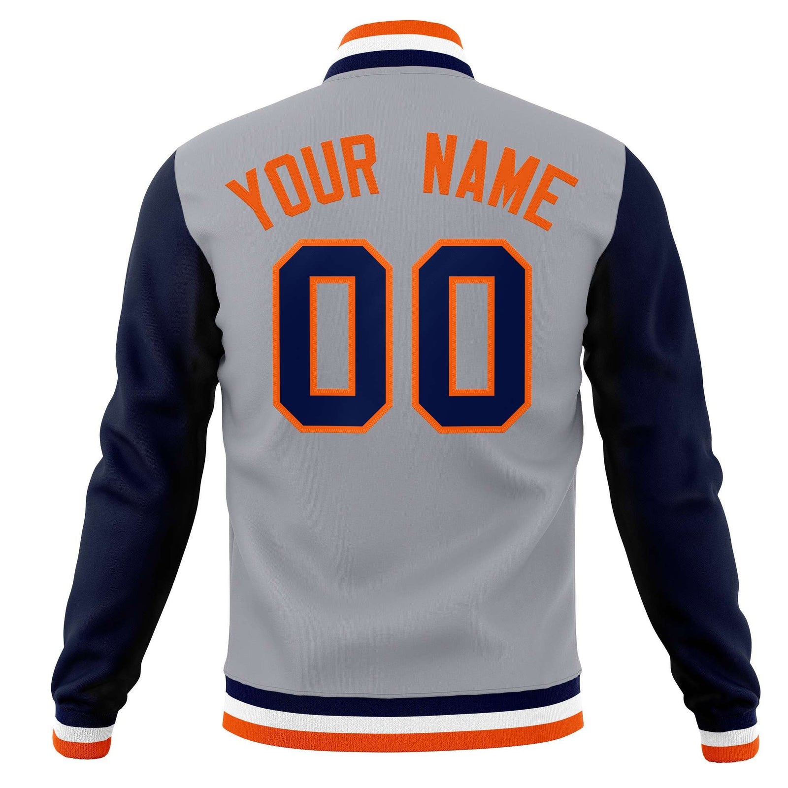 Custom Gray Orange-Navy Varsity Full-Snap Raglan Sleeves Letterman Baseball Jacket
