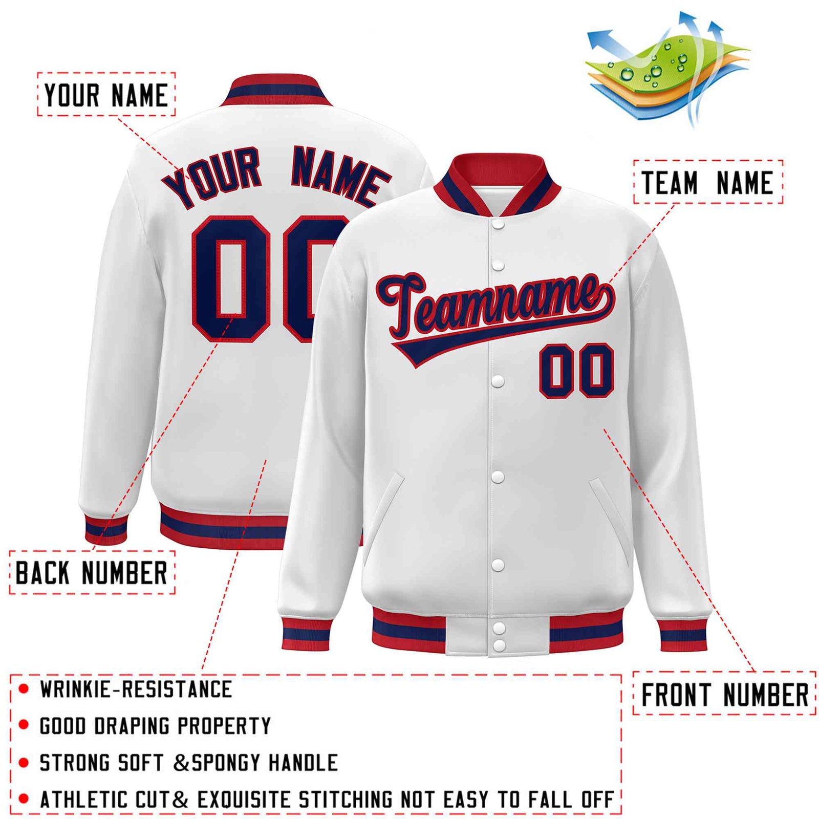 Custom White Navy-Red Classic Style Varsity Full-Snap Letterman Jacket