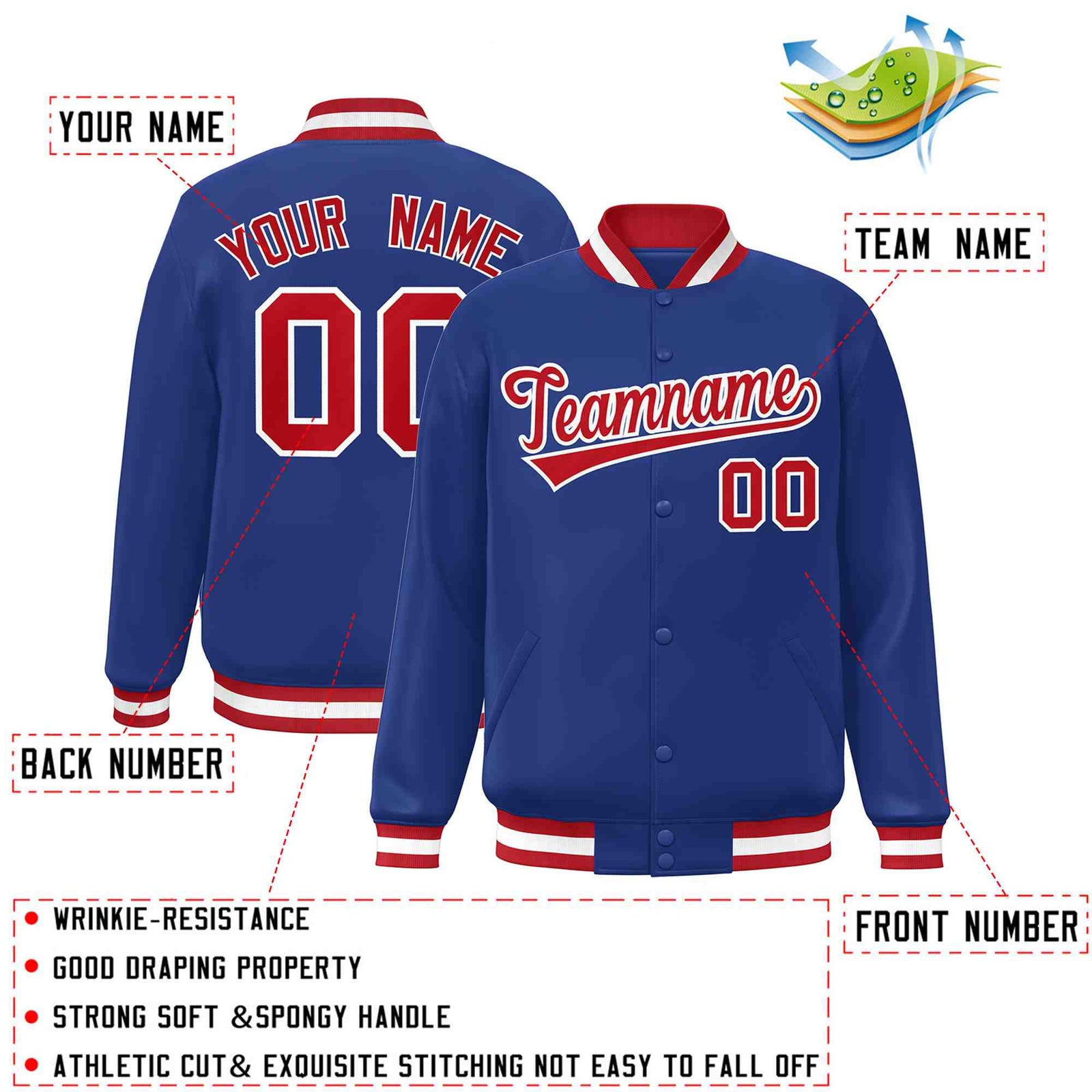 Custom Royal Red-White Classic Style Varsity Full-Snap Letterman Jacket