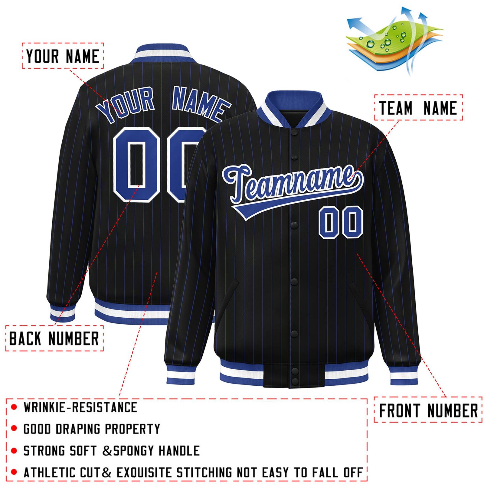 Custom Navy Royal-White Stripe Fashion Letterman Bomber Varsity Jacket