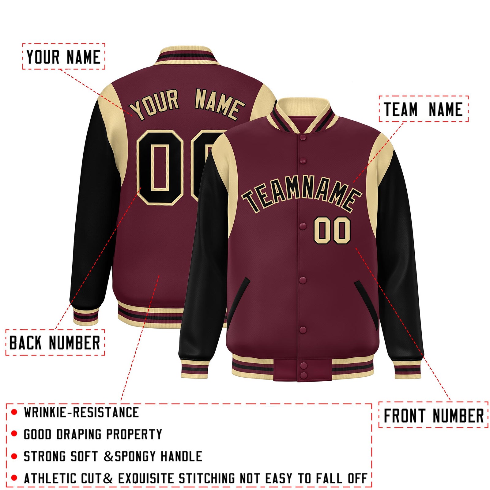 Custom Crimson Black-Khaki Color Block Bomber Varsity Full-Snap Baseball Jacket