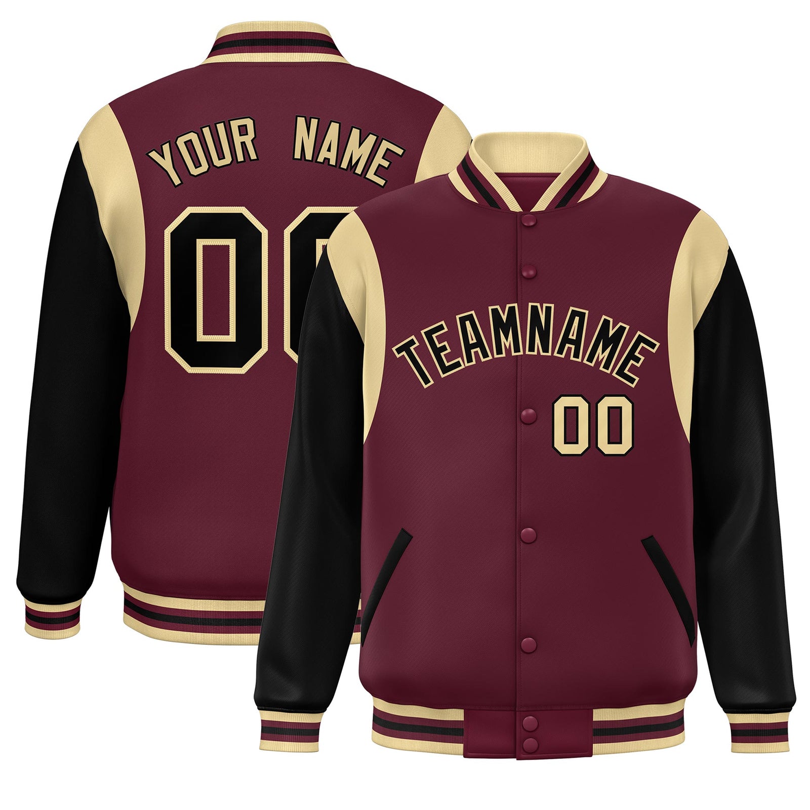 Custom Crimson Black-Khaki Color Block Bomber Varsity Full-Snap Baseball Jacket
