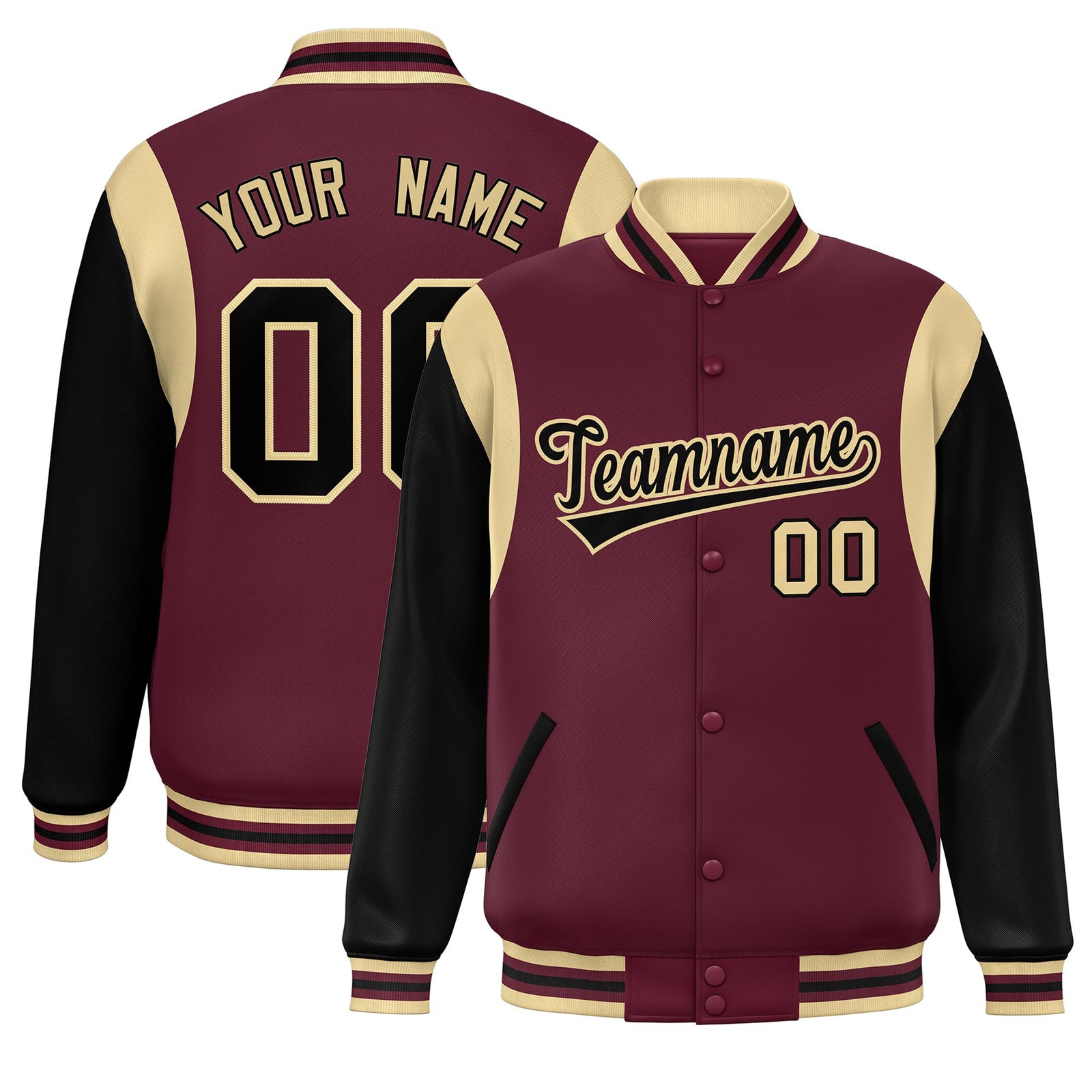 Custom Crimson Black-Khaki Color Block Bomber Varsity Full-Snap Baseball Jacket