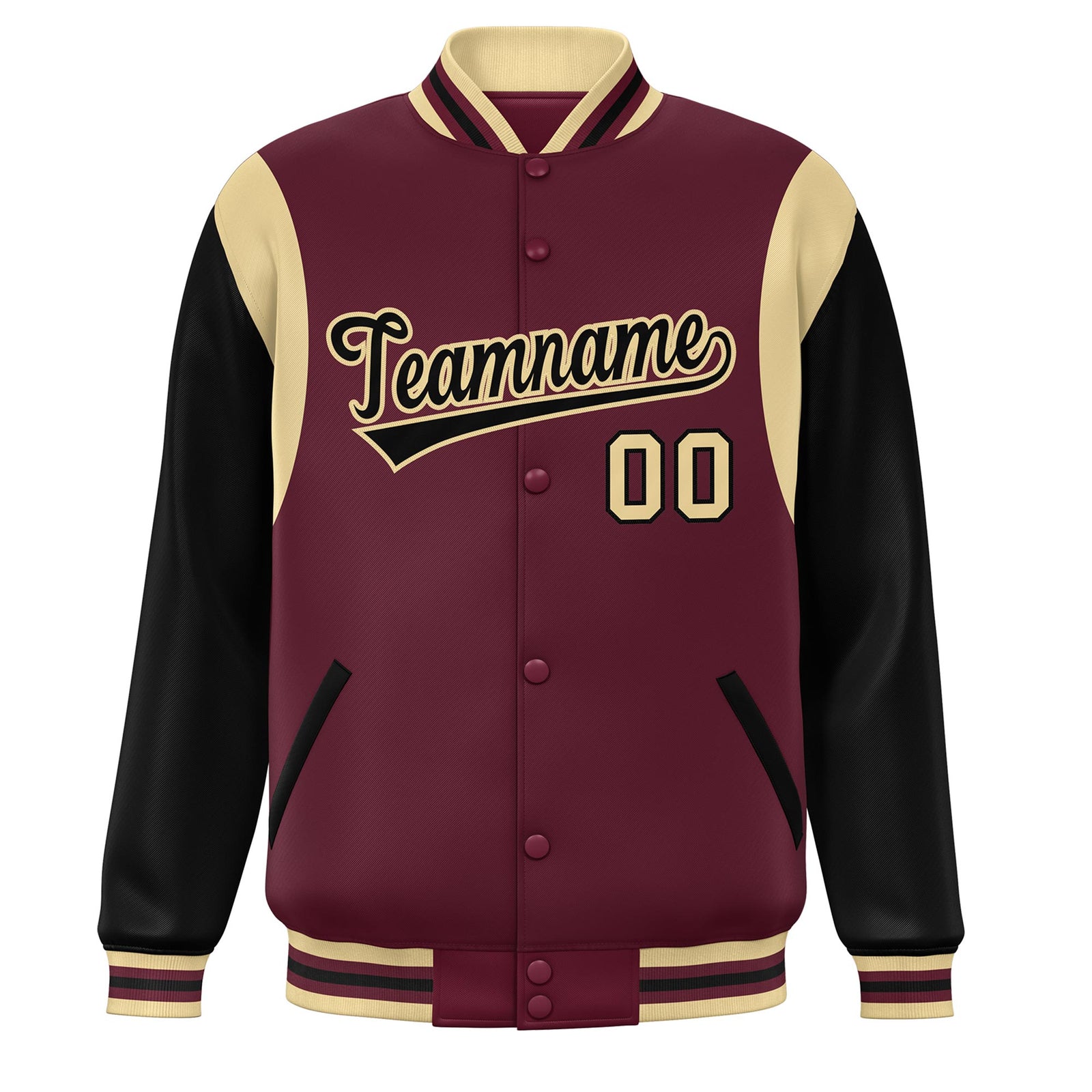Custom Crimson Black-Khaki Color Block Bomber Varsity Full-Snap Baseball Jacket