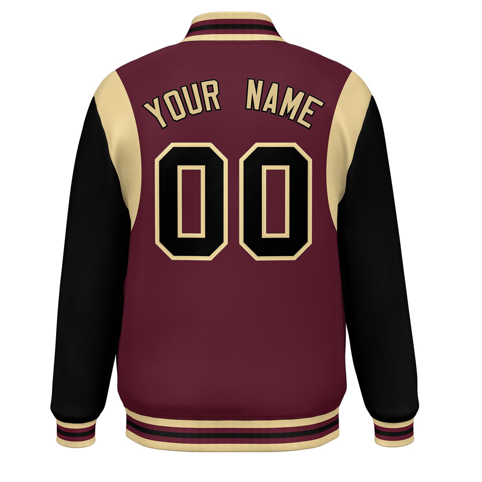 Custom Crimson Black-Khaki Color Block Bomber Varsity Full-Snap Baseball Jacket