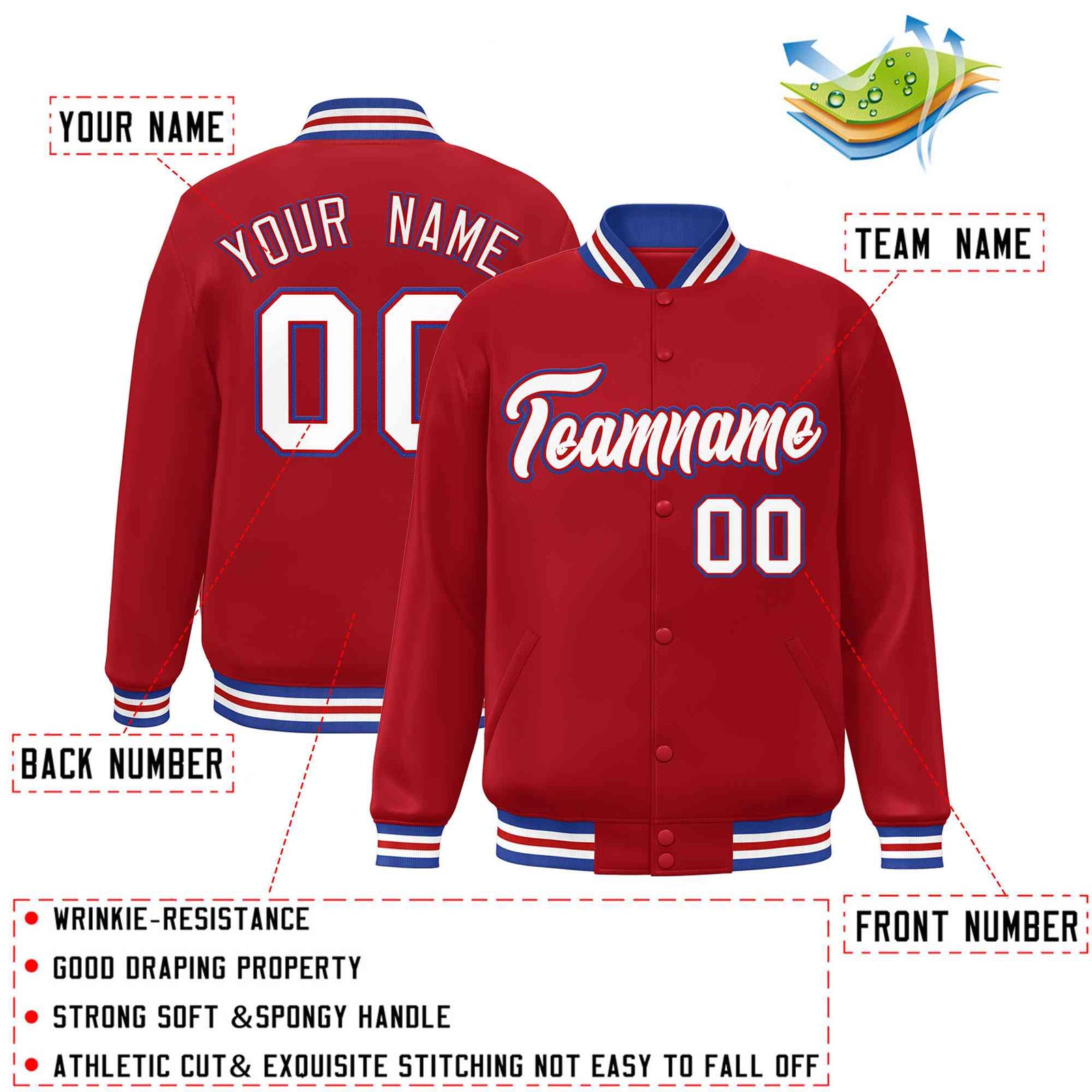 Custom Red White-Red Classic Style Varsity Full-Snap Letterman Jacket
