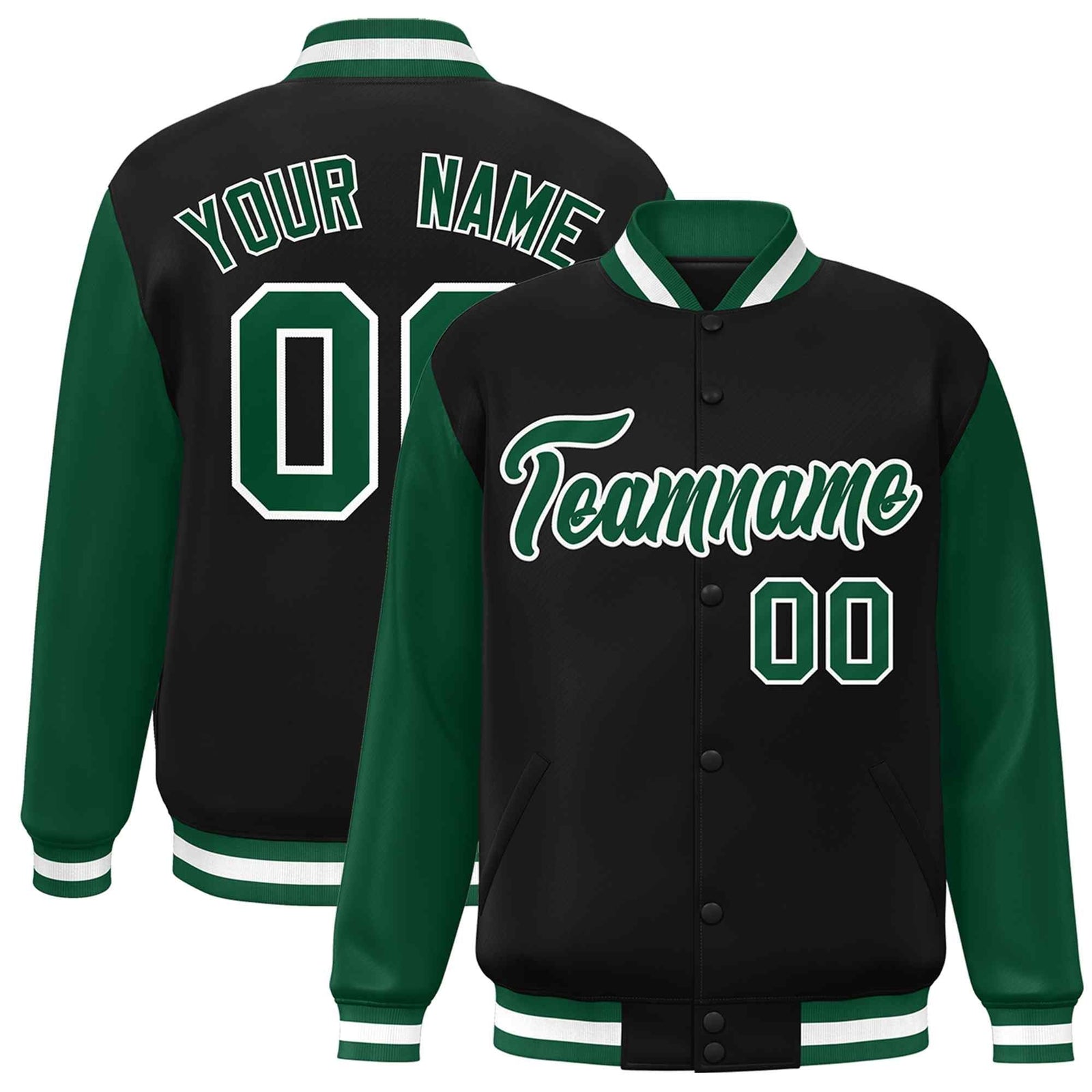 Custom Black Green-White Raglan Sleeves Varsity Full-Snap Letterman Jacket