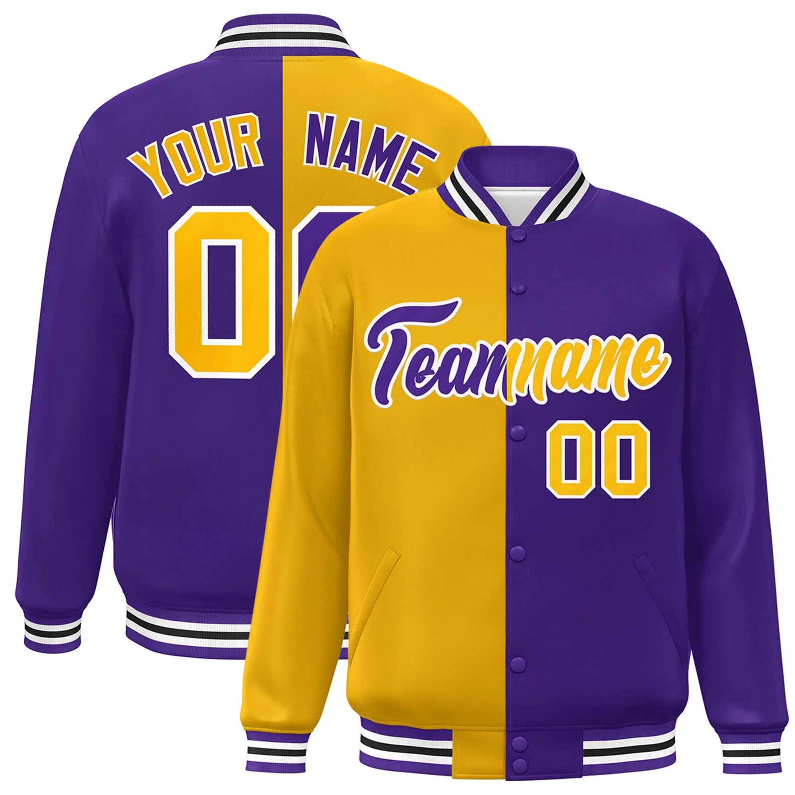 Custom Purple Gold-White Letterman Two Tone Split Fashion Varsity Full-Snap Jacket