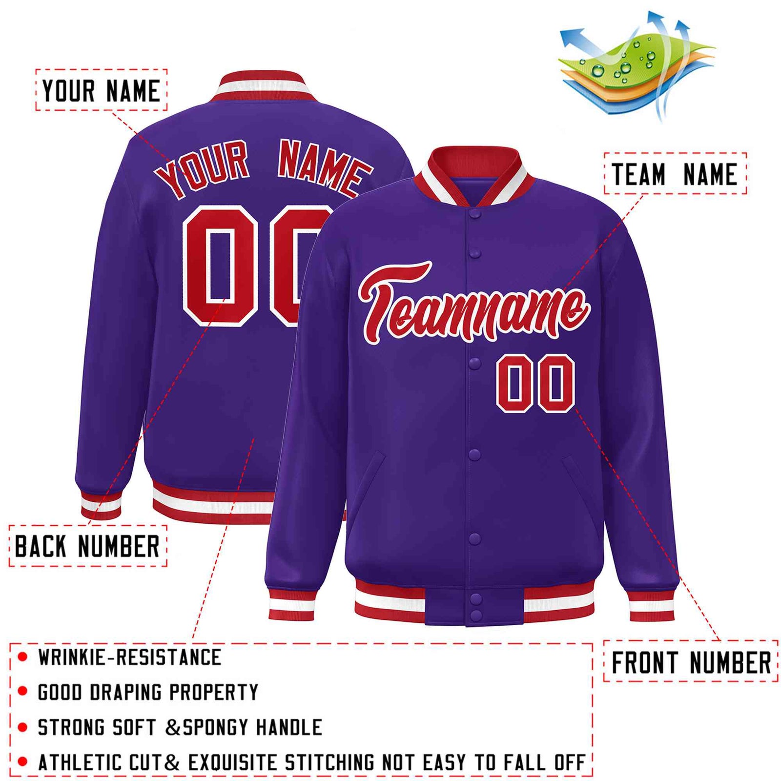 Custom Purple Red-White Classic Style Varsity Full-Snap Letterman Jacket