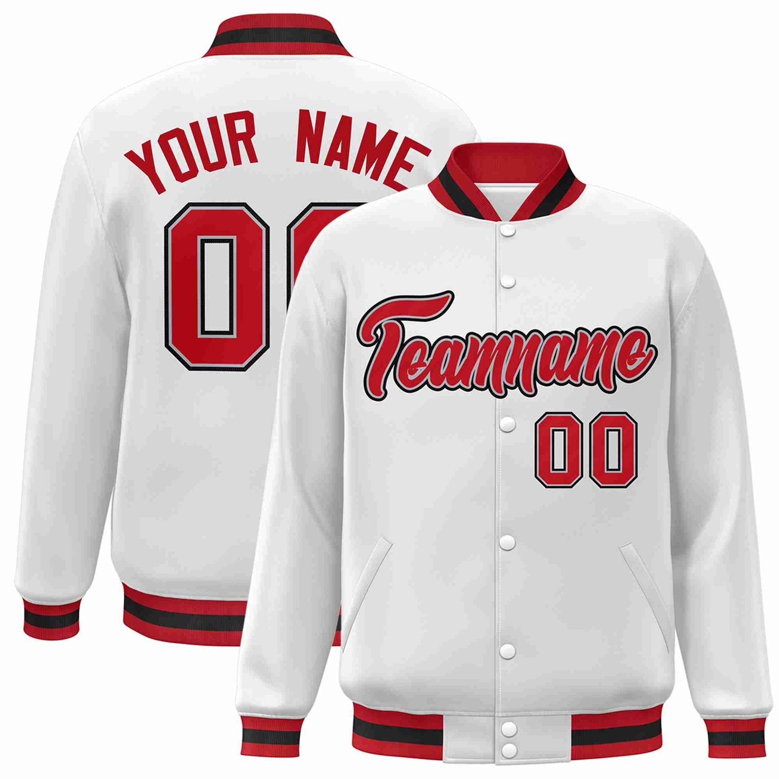 Custom White Red-Gray Classic Style Varsity Full-Snap Letterman Jacket