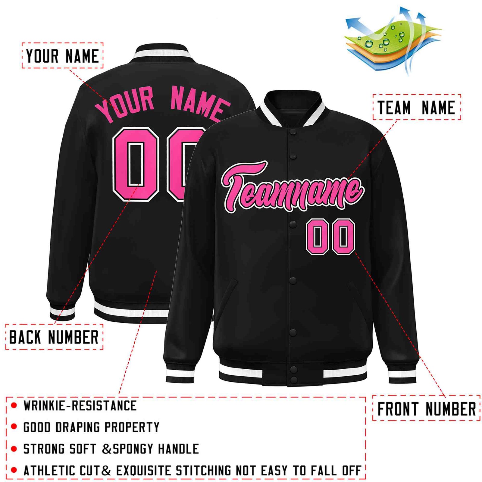 Custom Black Pink-Black Classic Style Varsity Full-Snap Letterman Jacket