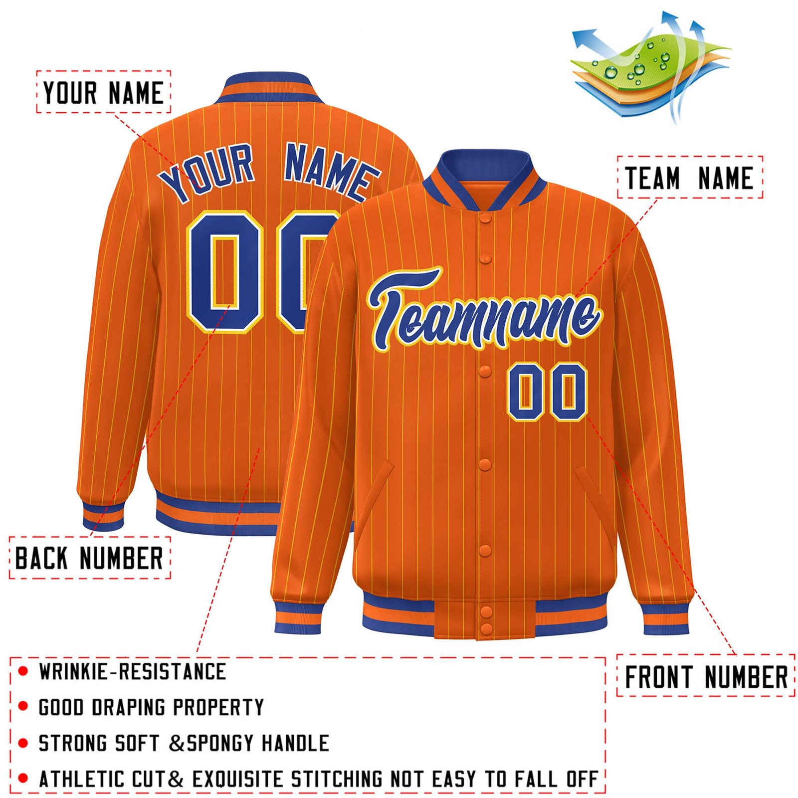 Custom Orange Royal-Gold Personalized Stripe Fashion Letterman Bomber Varsity Jacket