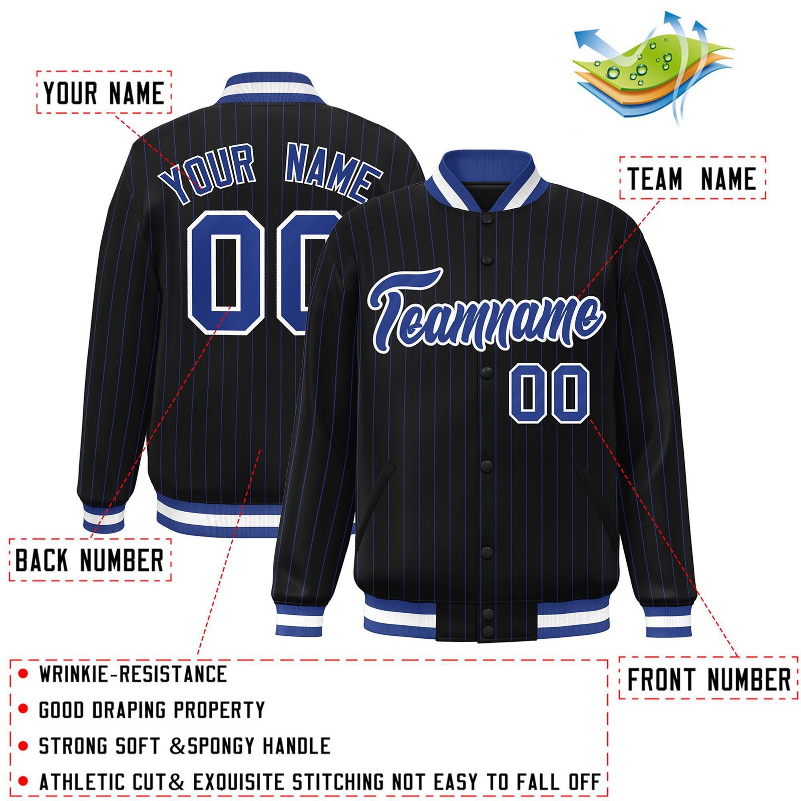 Custom Black Royal-White Personalized Stripe Fashion Varsity Jacket