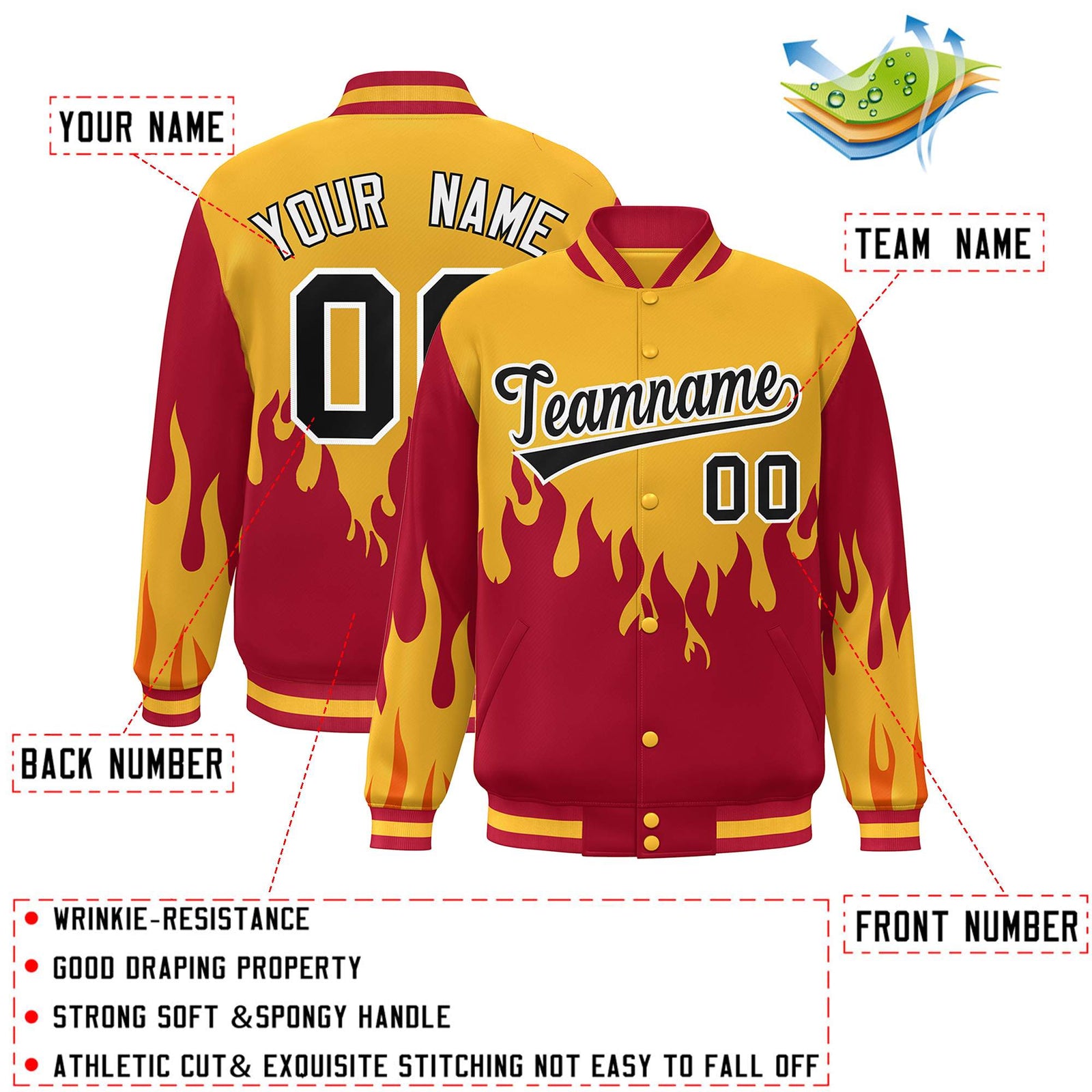 Custom Gold Red-Black Flame Graffiti Pattern Bomber Varsity Full-Snap Jacket