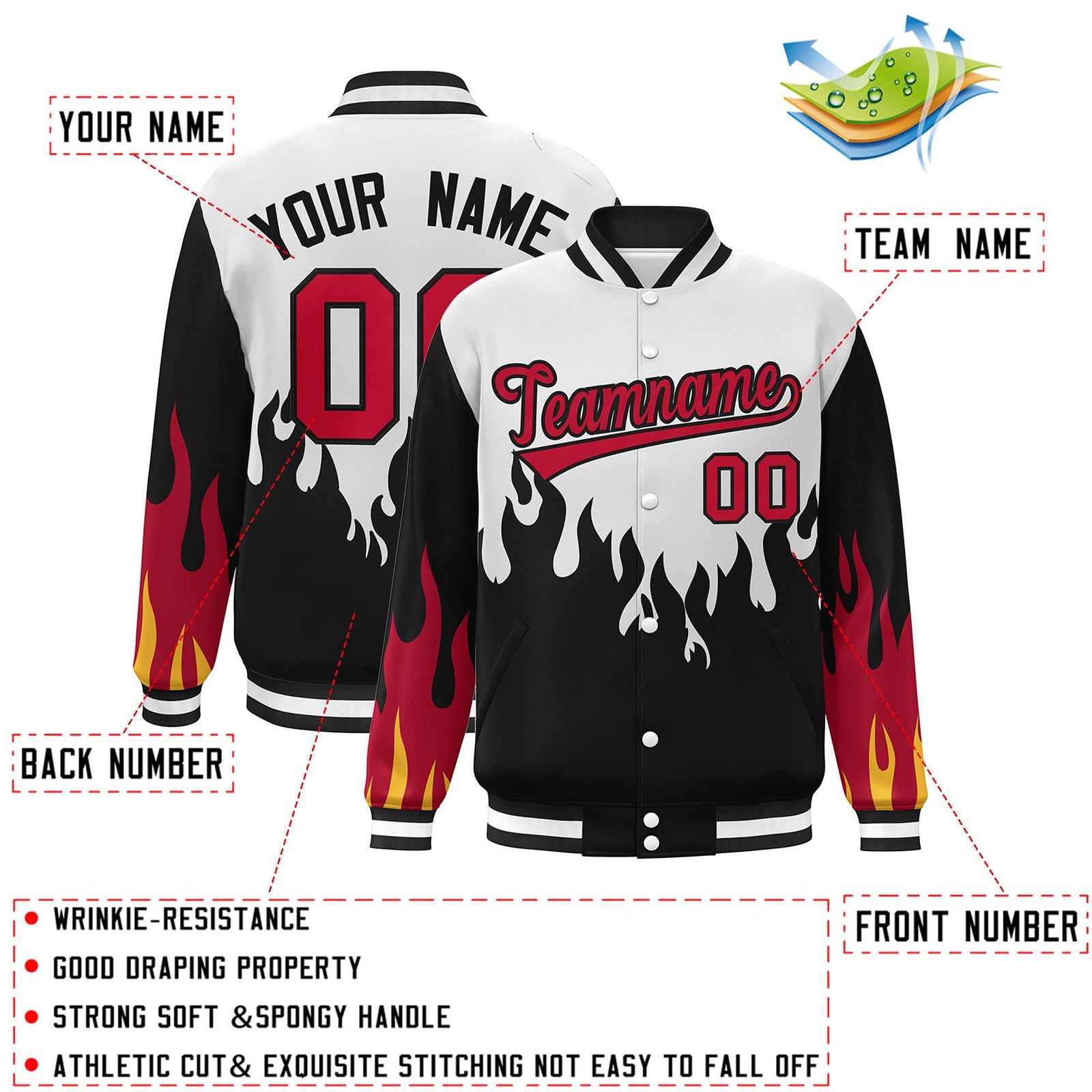 Custom White Black-Red Flame Graffiti Pattern Bomber Varsity Full-Snap Jacket