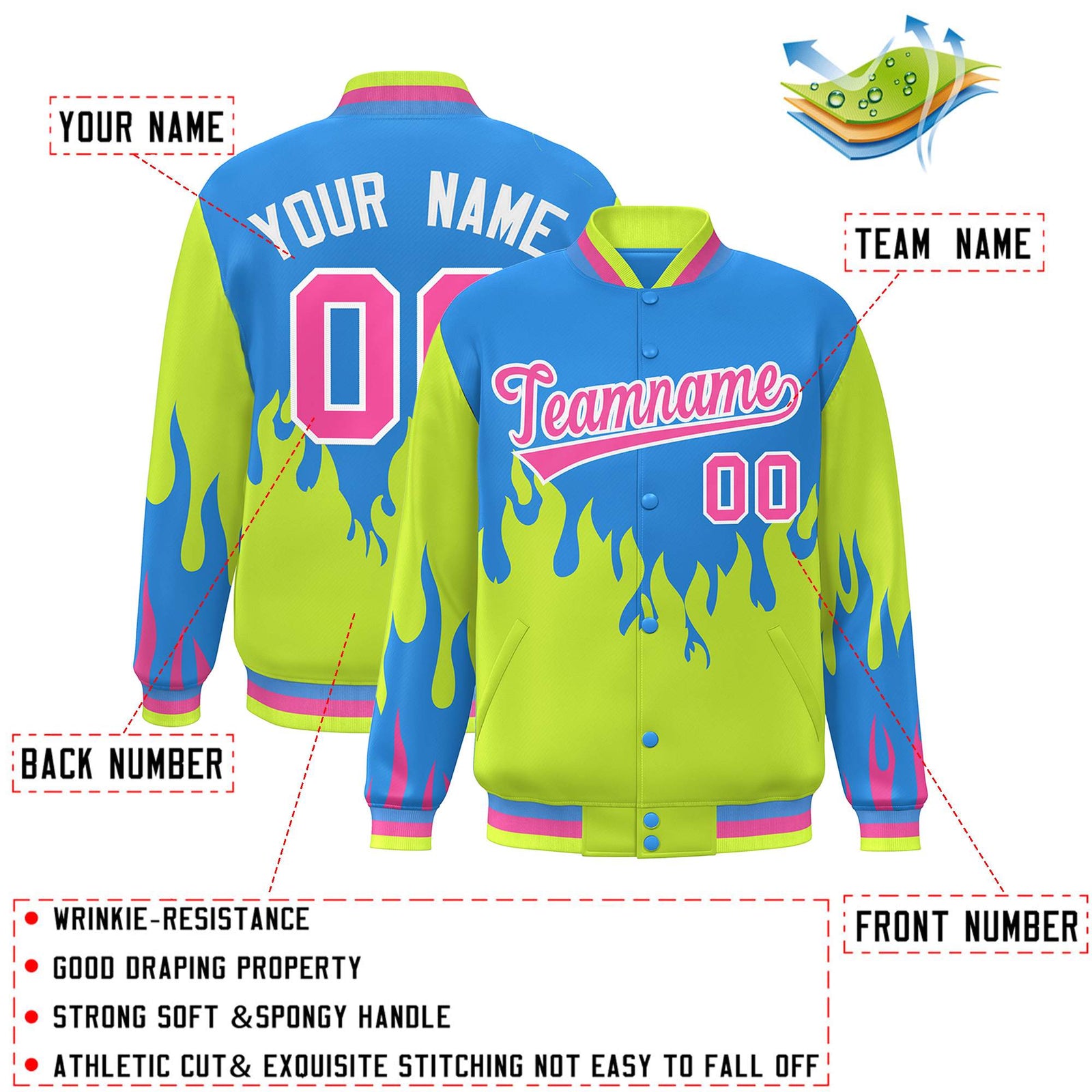 Custom Powder Blue Neon Green-Pink Flame Graffiti Pattern Bomber Varsity Full-Snap Jacket
