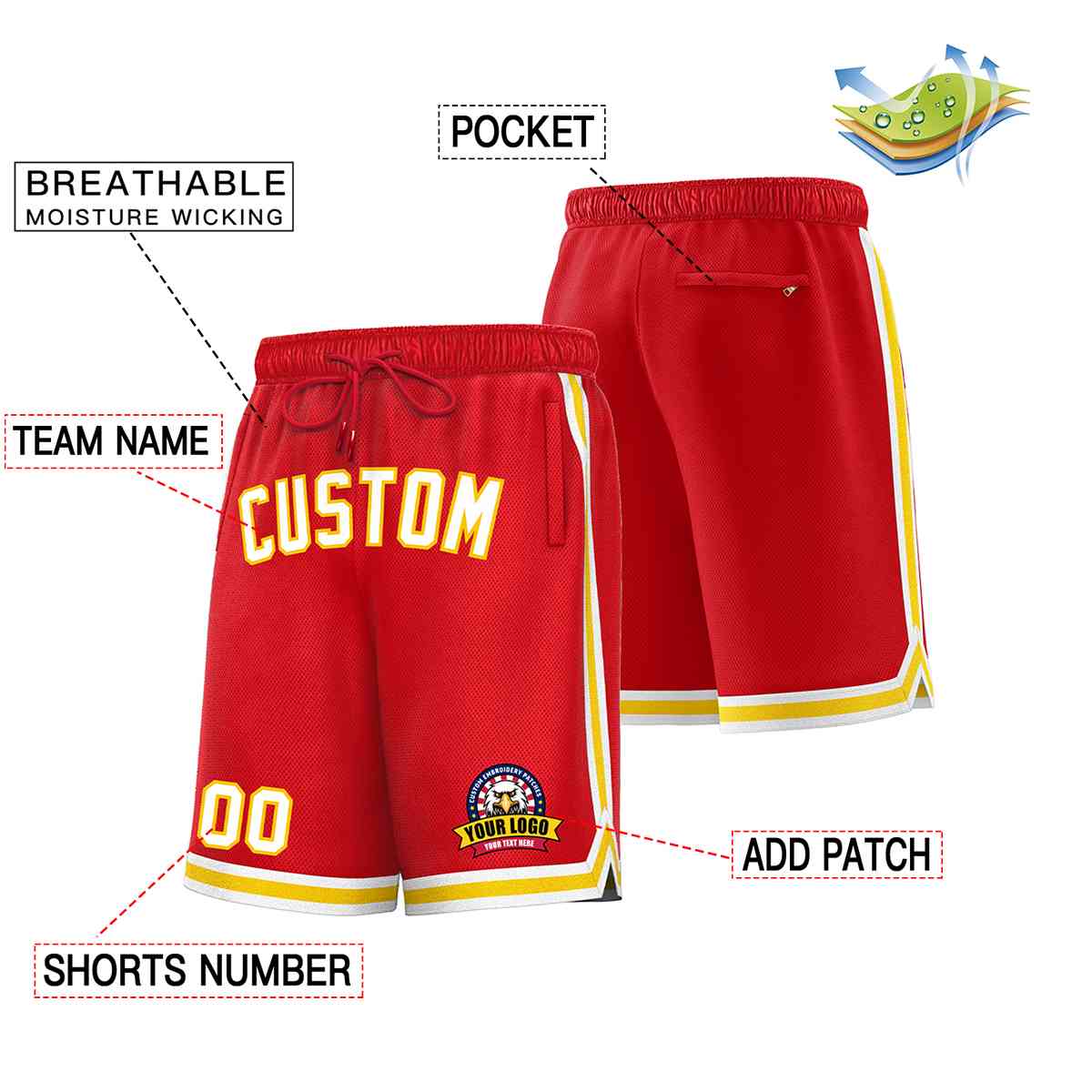 Custom Red White-Gold Classic Style Basketball Mesh Shorts