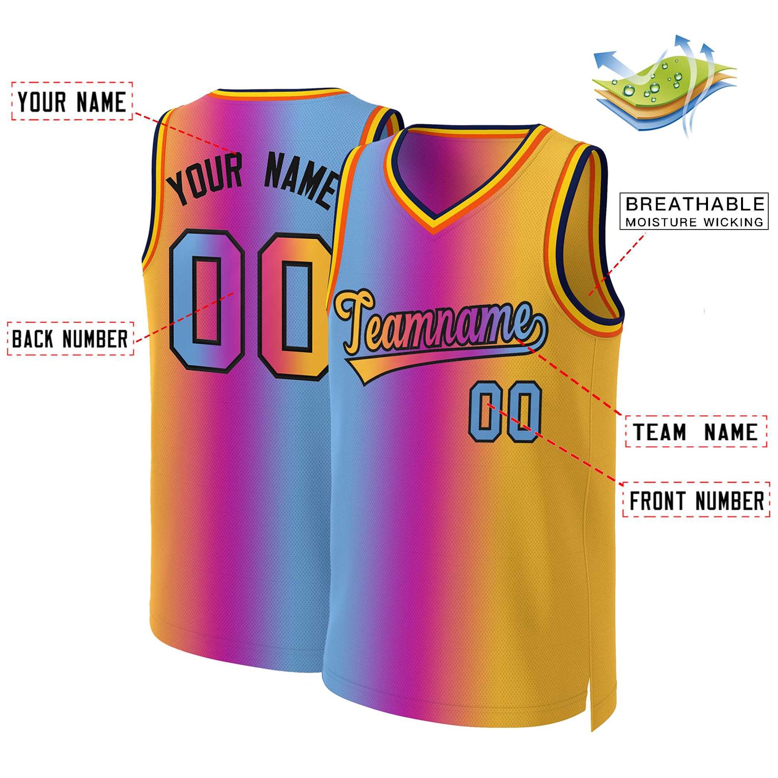 Custom Pink Yellow-Black Gradient Fashion Tops Basketball Jersey