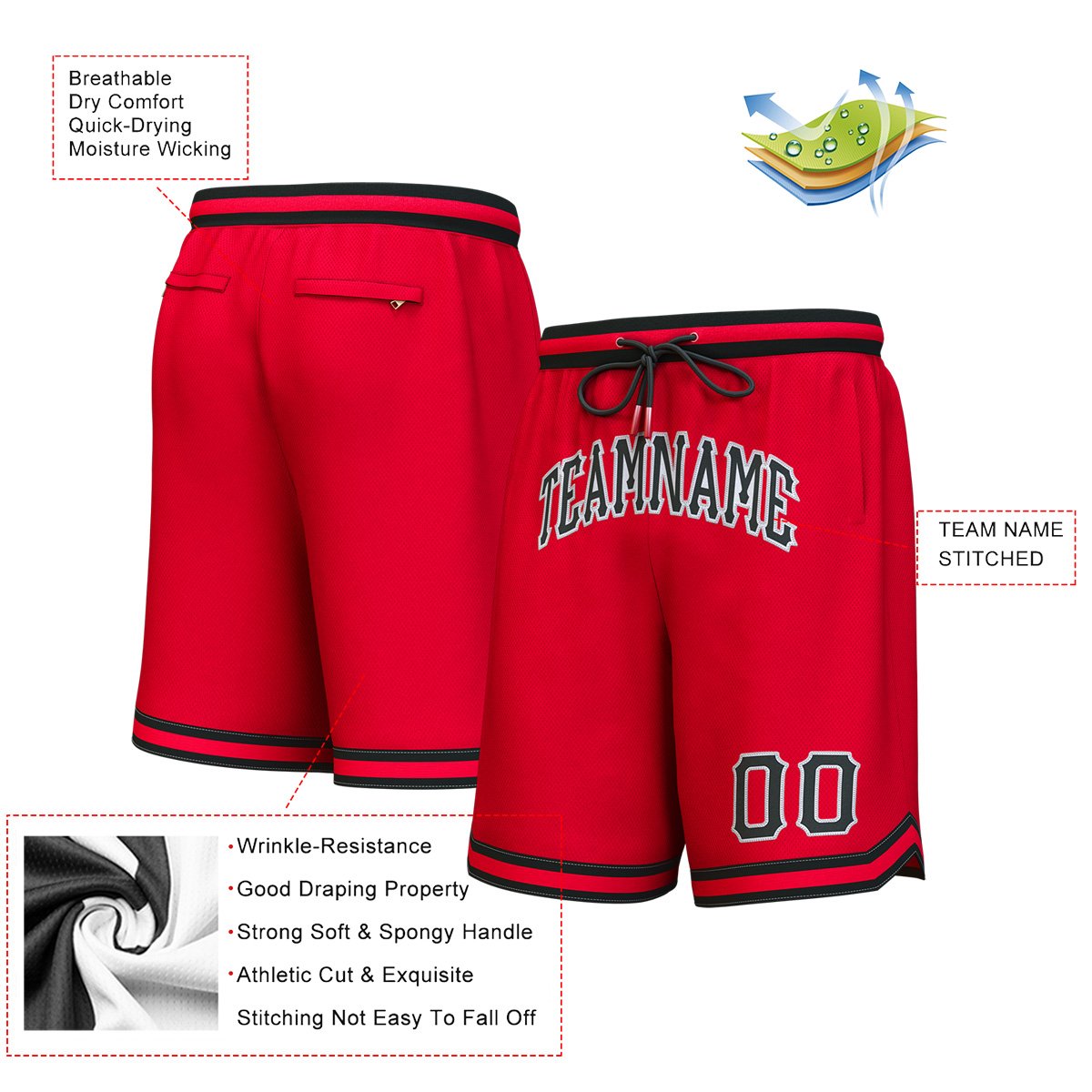 Custom Red Black-White Personalized Basketball Shorts