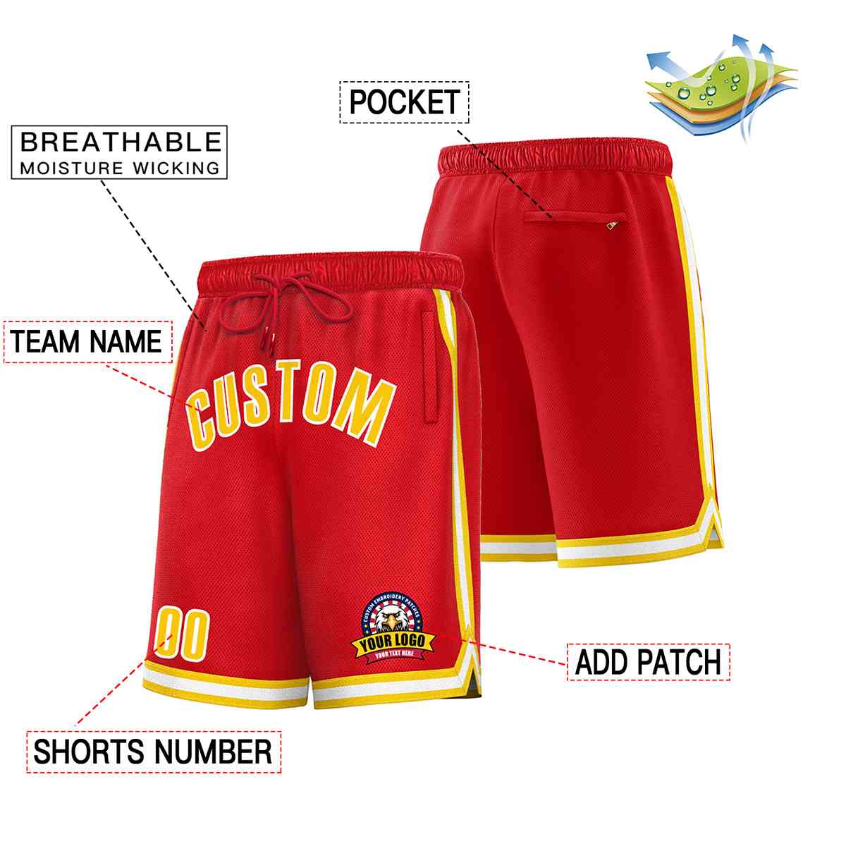 Custom Red Gold-White Classic Style Basketball Mesh Shorts