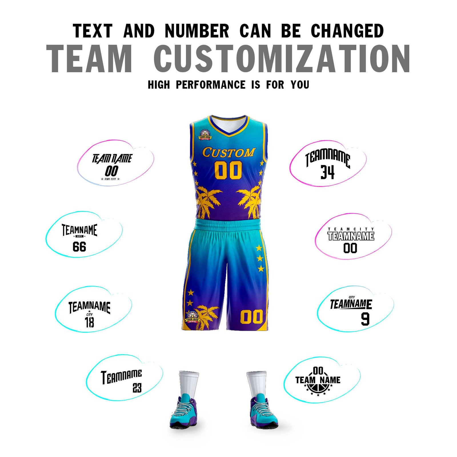 Custom Blue Royal-Purple Gradient Fashion Coconut Palm Pattern Sports Uniform Basketball Jersey