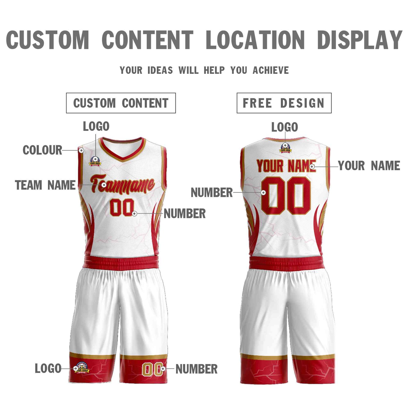 Custom White Red-Old Gold Graffiti Pattern Sets Lightning Basketball Jersey