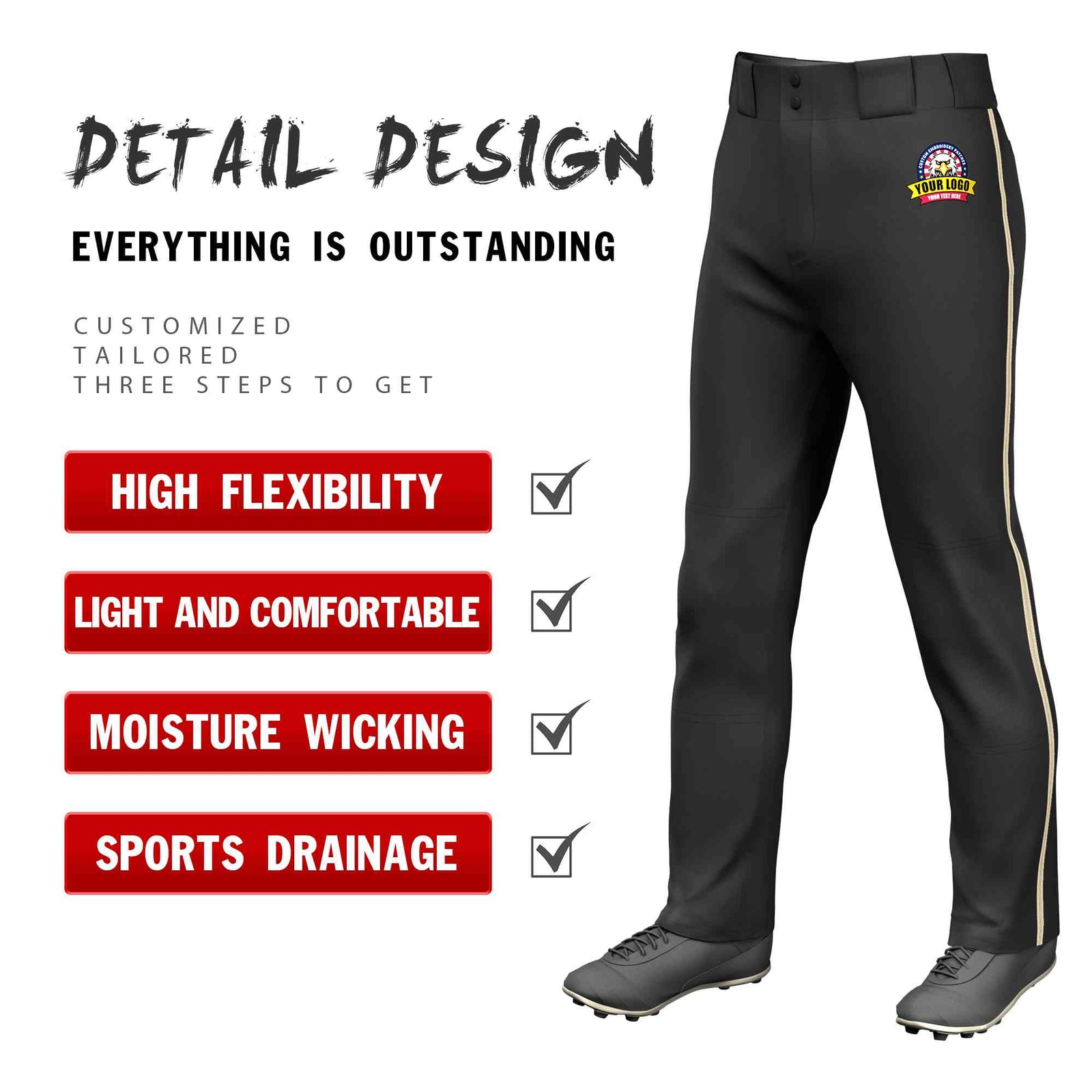 Custom Black Khaki Classic Fit Stretch Practice Loose-fit Baseball Pants