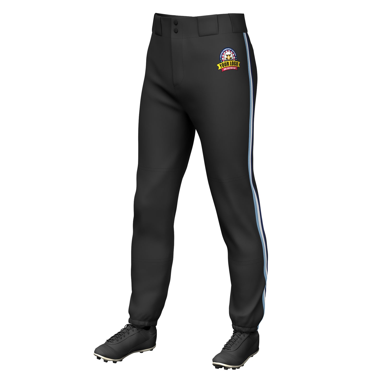 Custom Black Light Blue White-Navy Classic Fit Stretch Practice Pull-up Baseball Pants