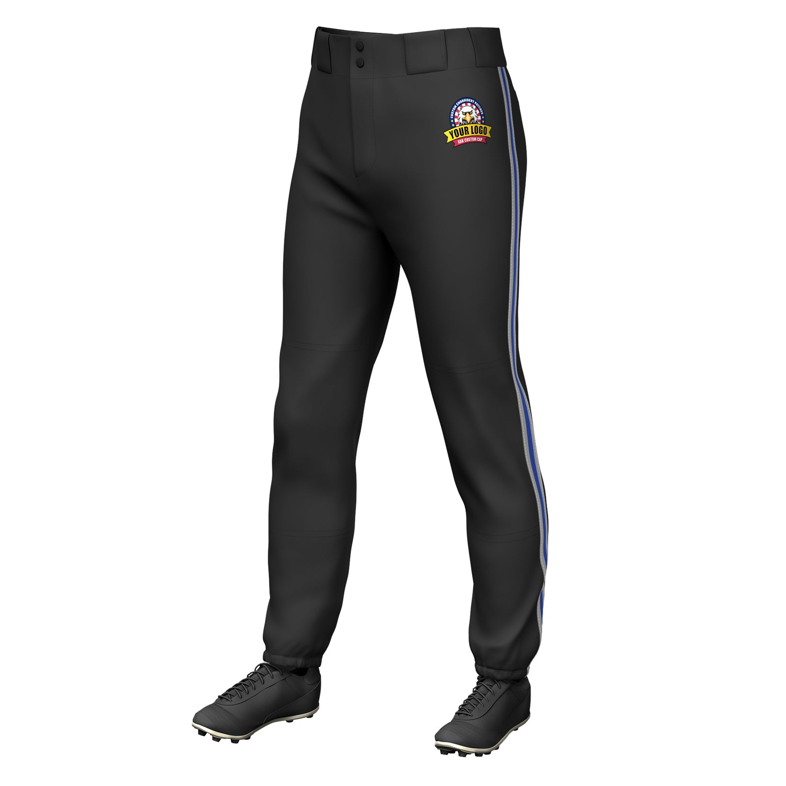 Custom Black Gray Royal-Gray Classic Fit Stretch Practice Pull-up Baseball Pants