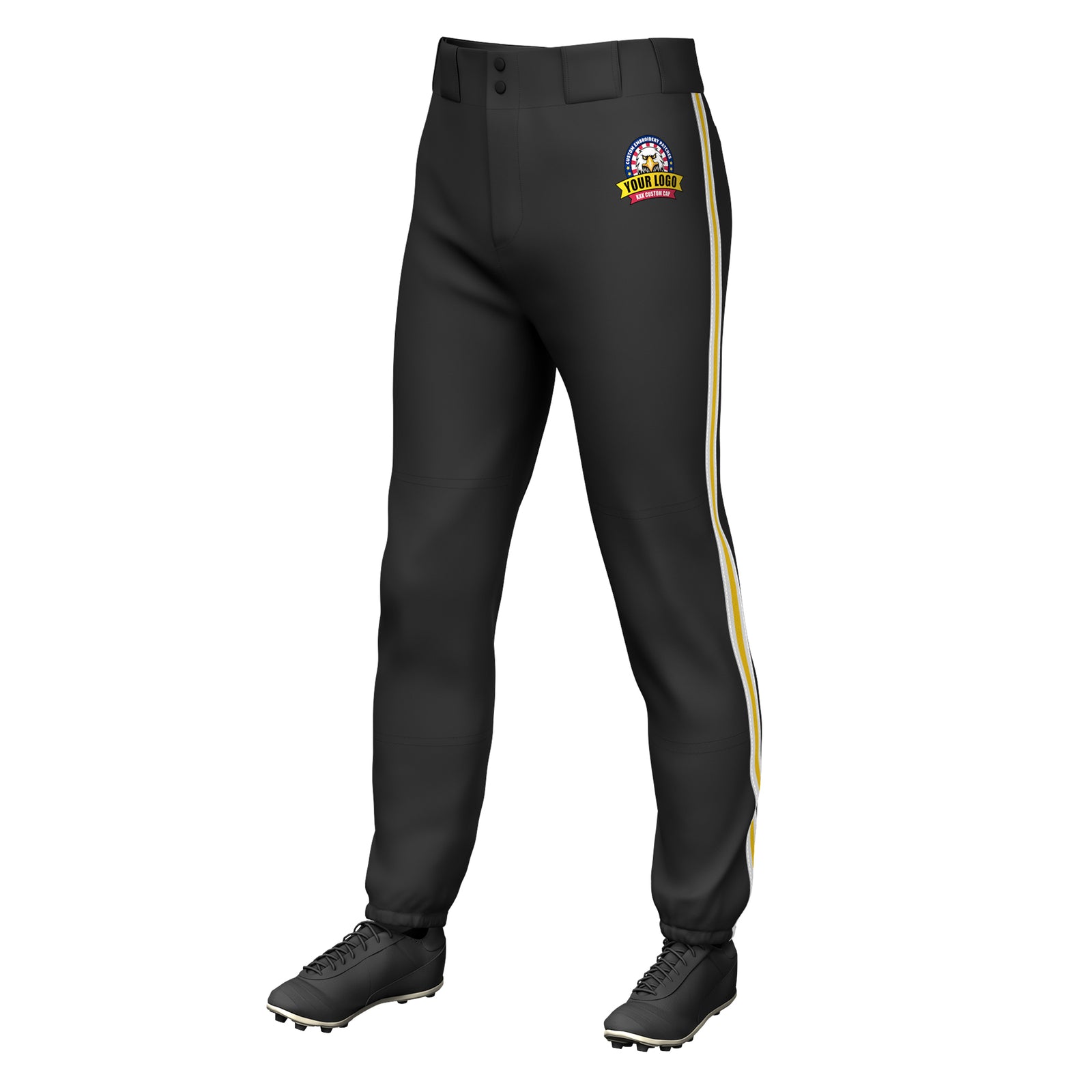 Custom Black White Gold-White Classic Fit Stretch Practice Pull-up Baseball Pants