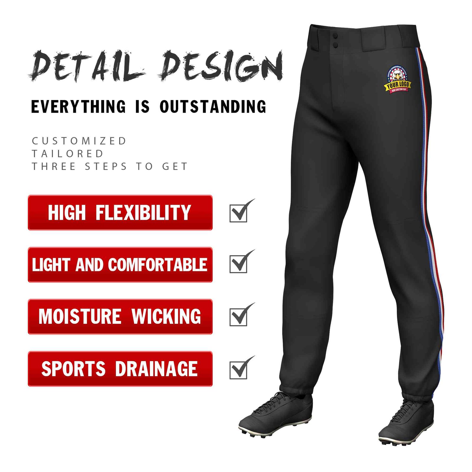 Custom Black Royal White-Red Classic Fit Stretch Practice Pull-up Baseball Pants