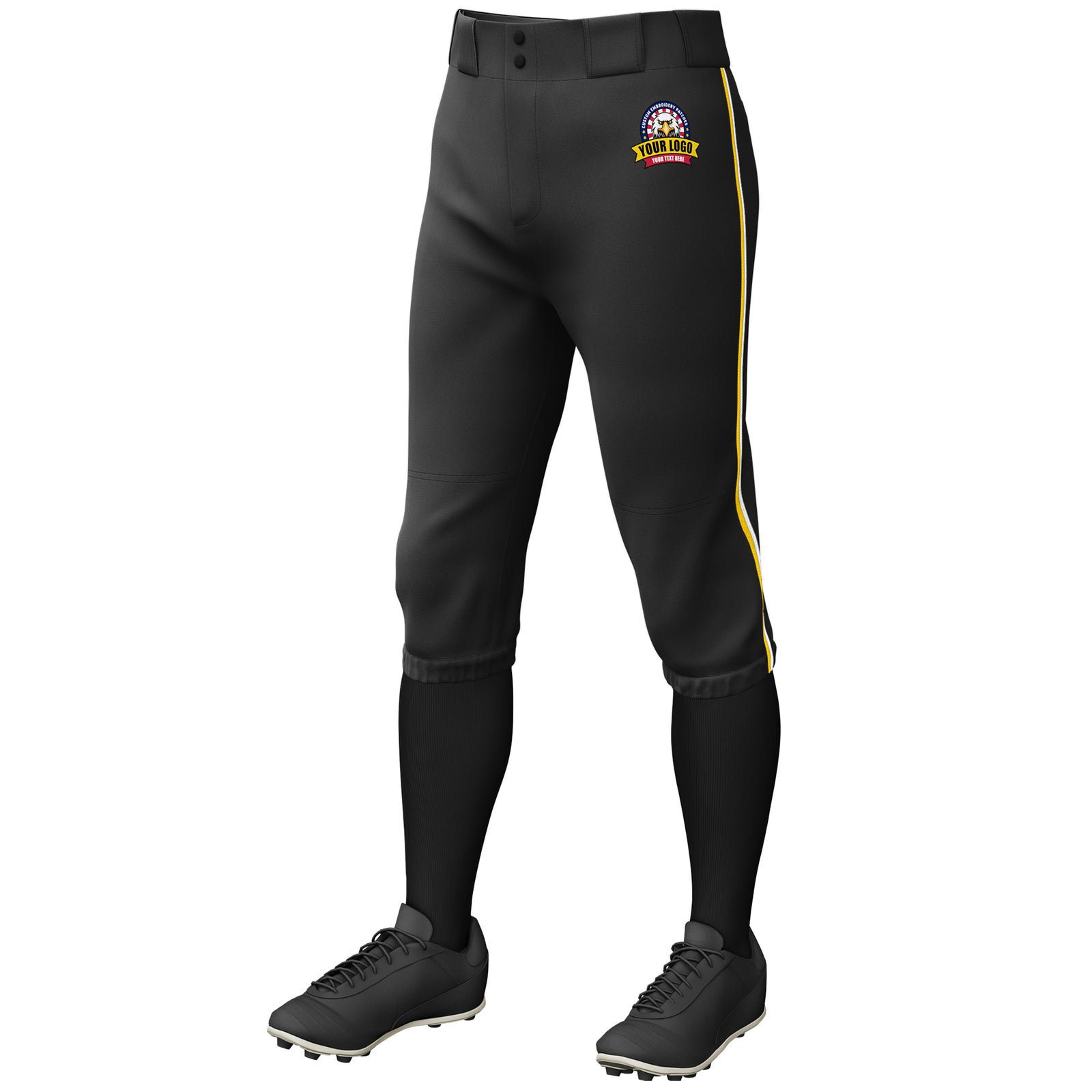 Custom Black Gold-White Classic Fit Stretch Practice Knickers Baseball Pants