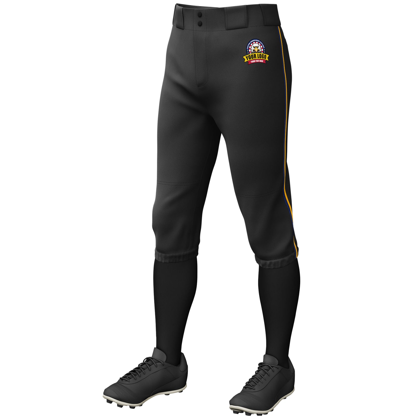 Custom Black Navy-Yellow Classic Fit Stretch Practice Knickers Baseball Pants