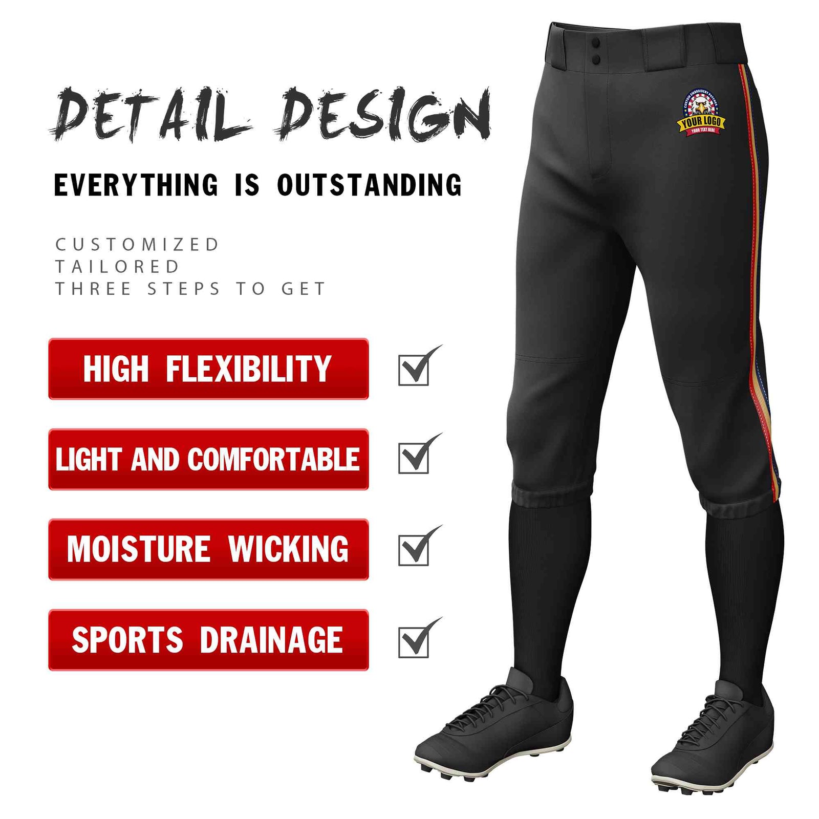 Custom Black Navy Old Gold-Red Classic Fit Stretch Practice Knickers Baseball Pants