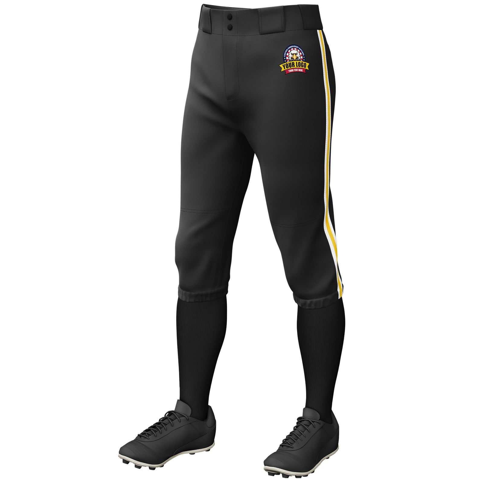 Custom Black White Gold-White Classic Fit Stretch Practice Knickers Baseball Pants