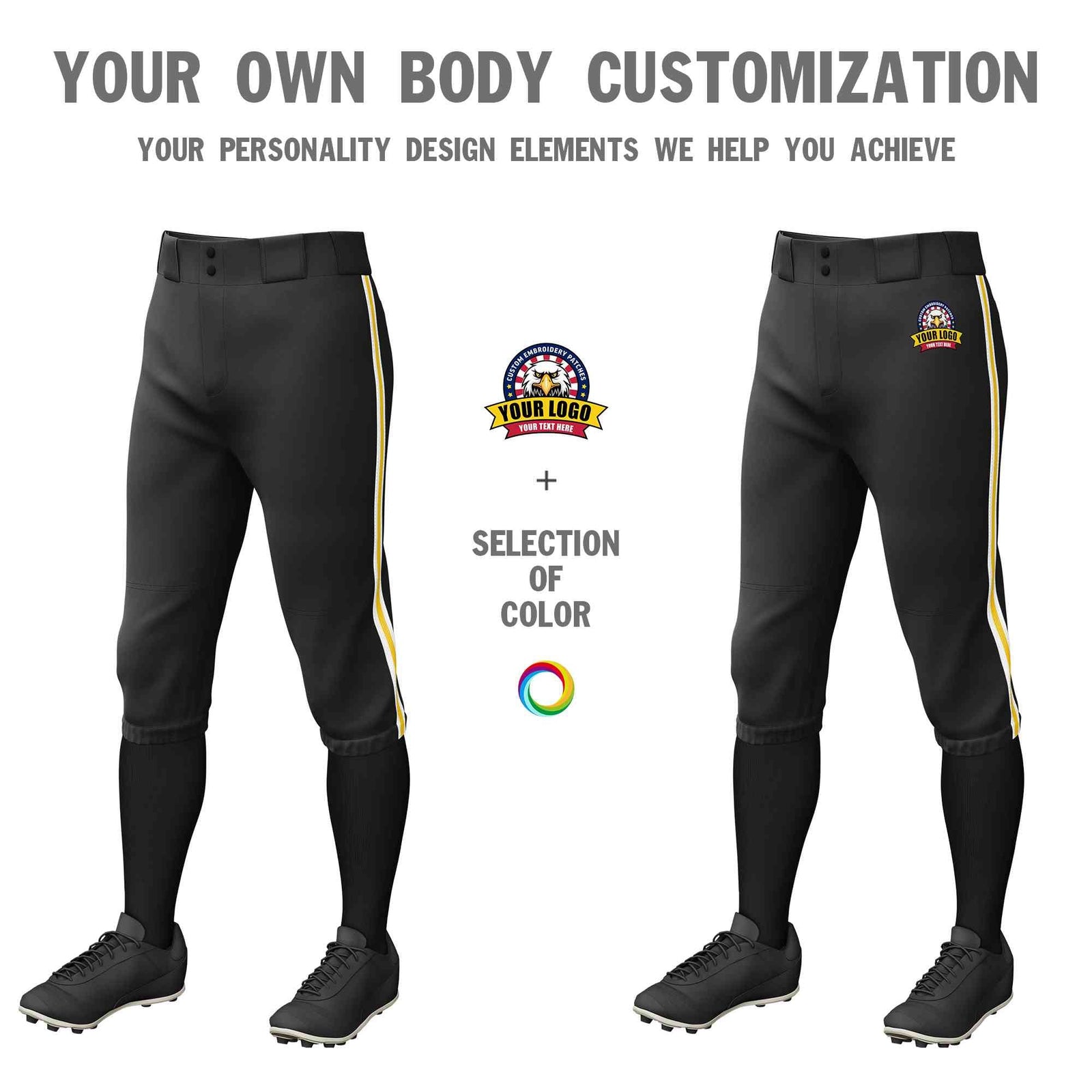 Custom Black White Gold-White Classic Fit Stretch Practice Knickers Baseball Pants