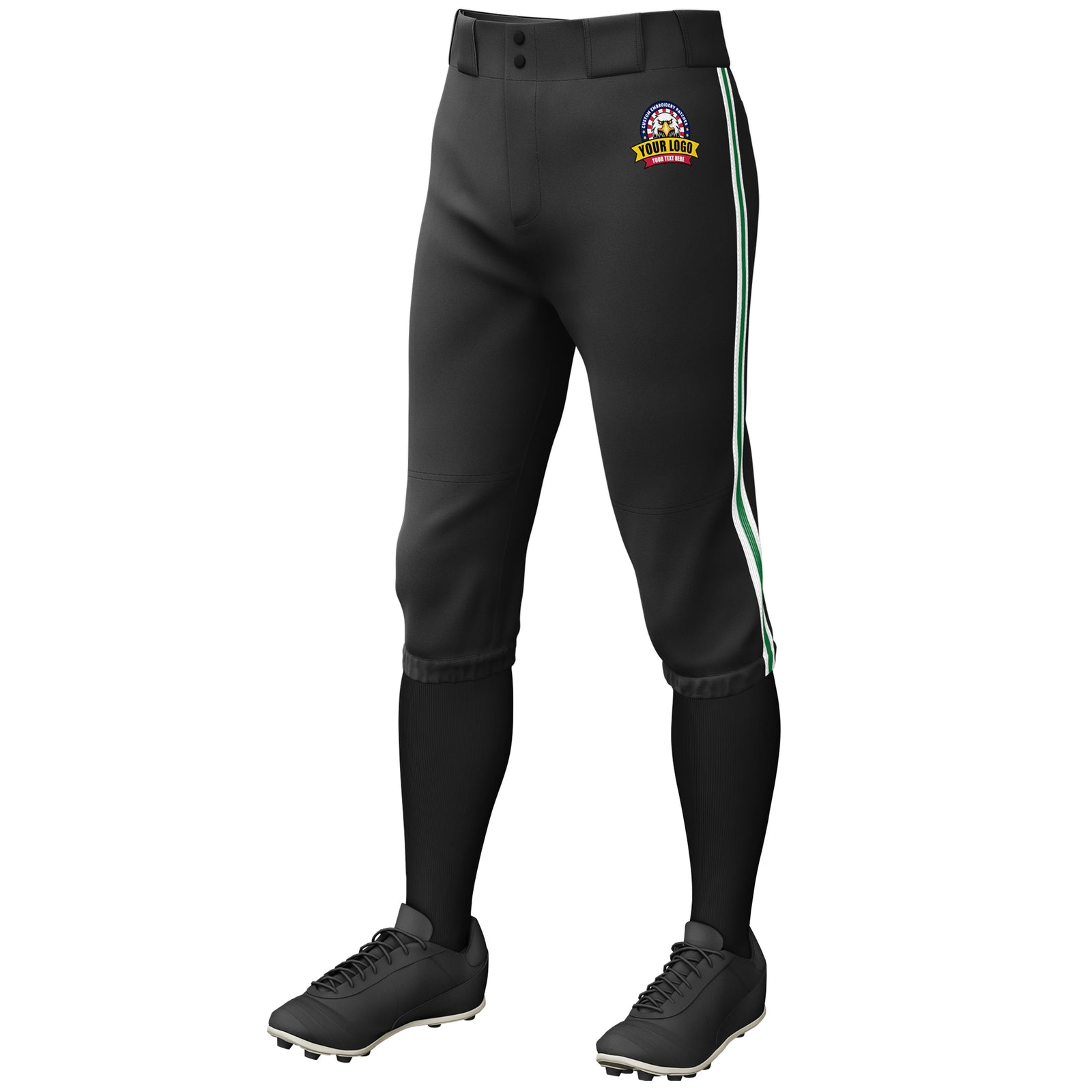 Custom Black White Kelly Green-White Classic Fit Stretch Practice Knickers Baseball Pants